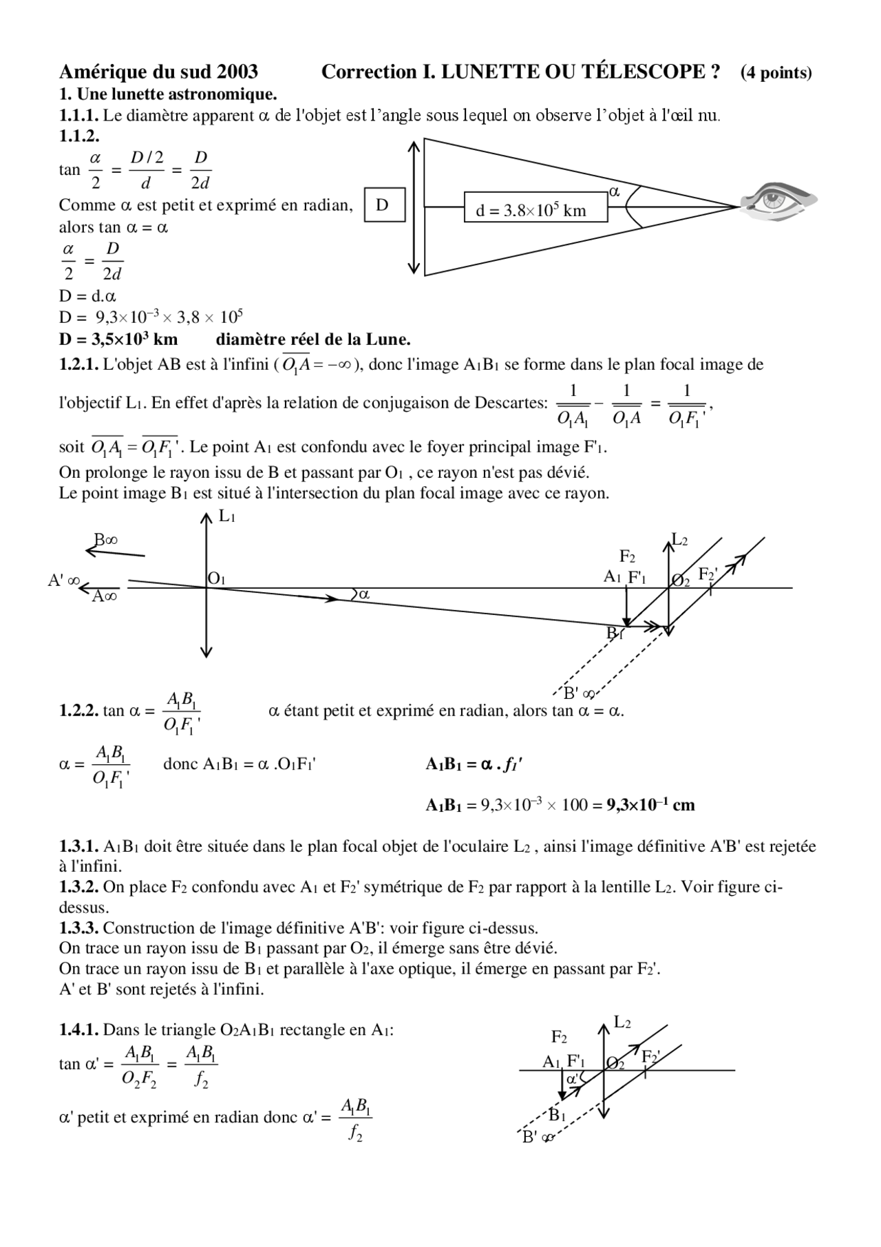 Exercices physisque sur la question ou télescope