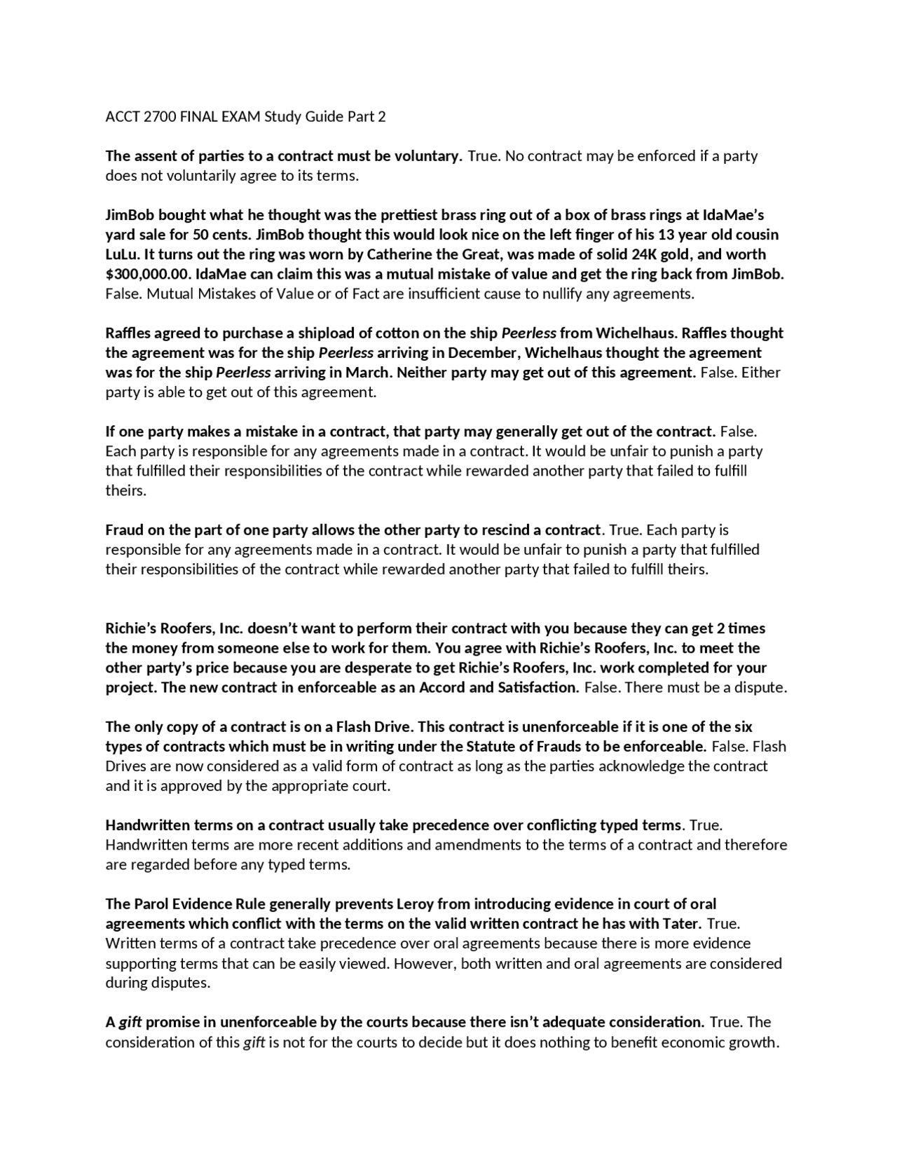 Final Exam Study Guide, Part 2 | Business Law | ACCT 2700 - Docsity