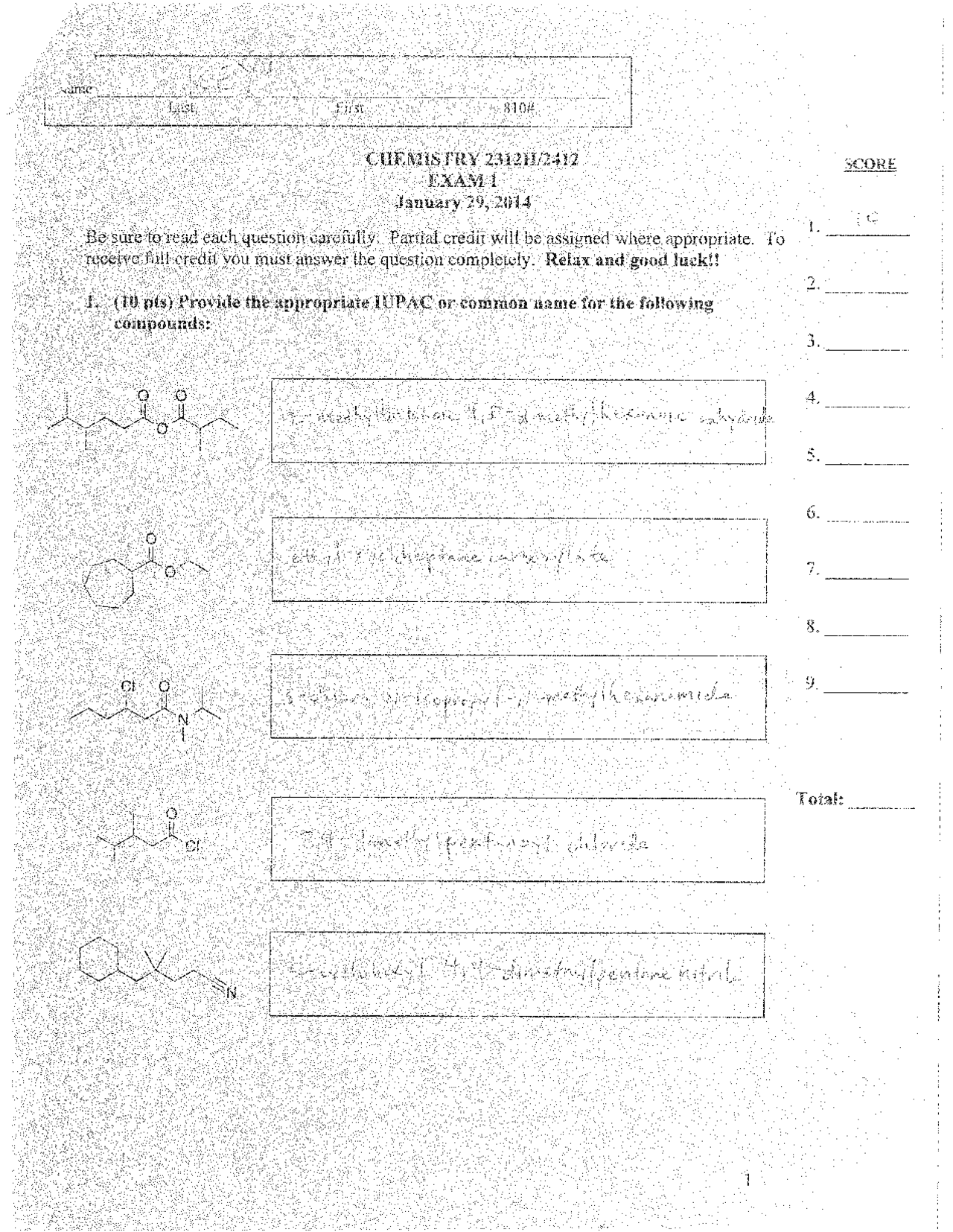 Solutions for Exam I - Advanced Organic Chemistry II | CHEM 2312H - Docsity