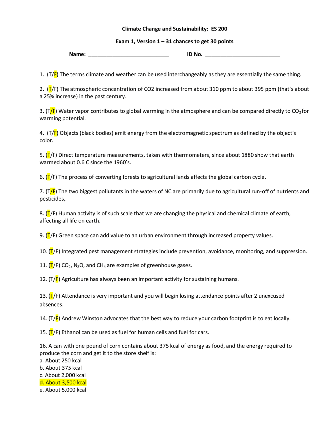 Exam 1, Version 1 - Climate Change and Sustainability | ES 200 - Docsity