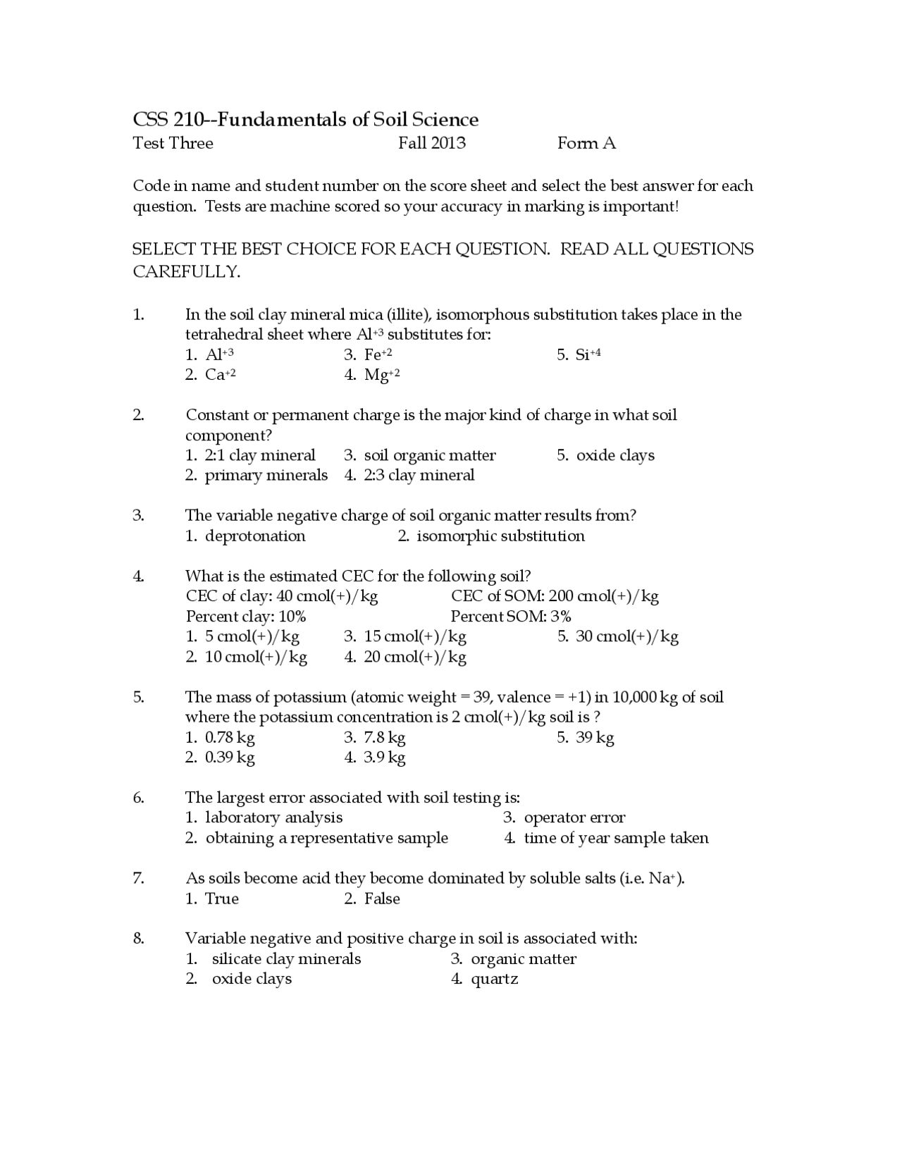 40 Multiple Choice Questions Fundamental of Soil Science CSS 210