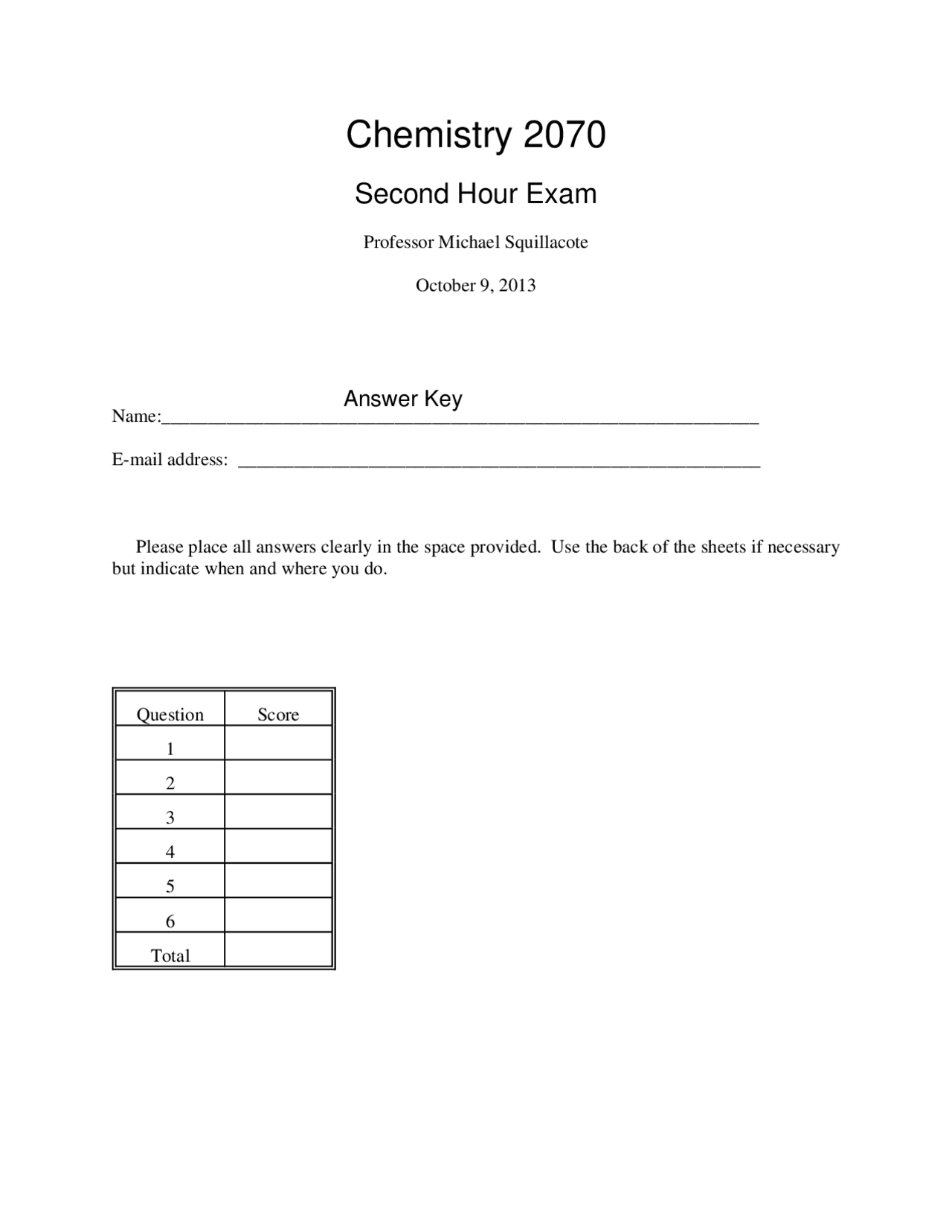 Organic Chemistry I - Answer Key for Exam 2 | CHEM 2070 - Docsity