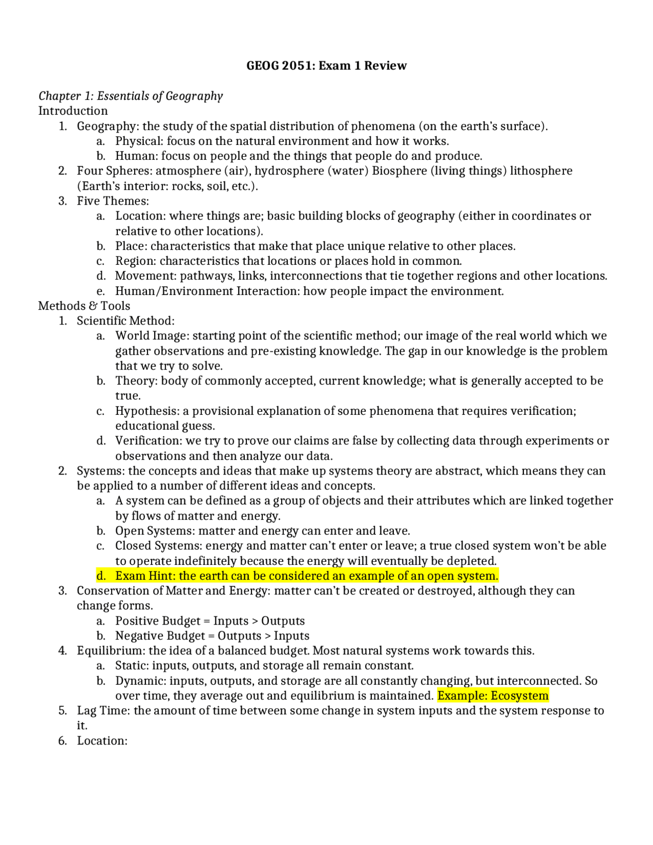 Exam 1 Study Guide Physical Geology GEOG 2051 Study notes