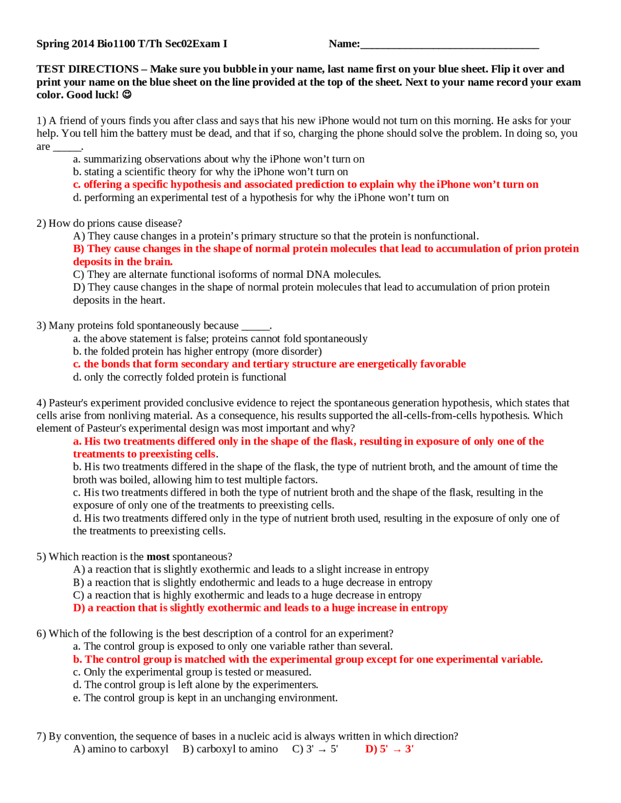 Exam I Solutions - Principles of Biology for Majors | BIOL 1100 - Docsity