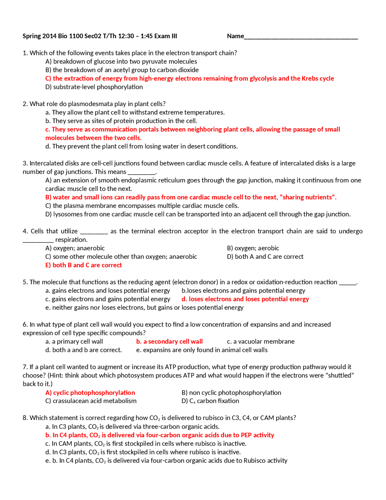 Exam III with Answer Key for Principles of Biology for Majors | BIOL ...
