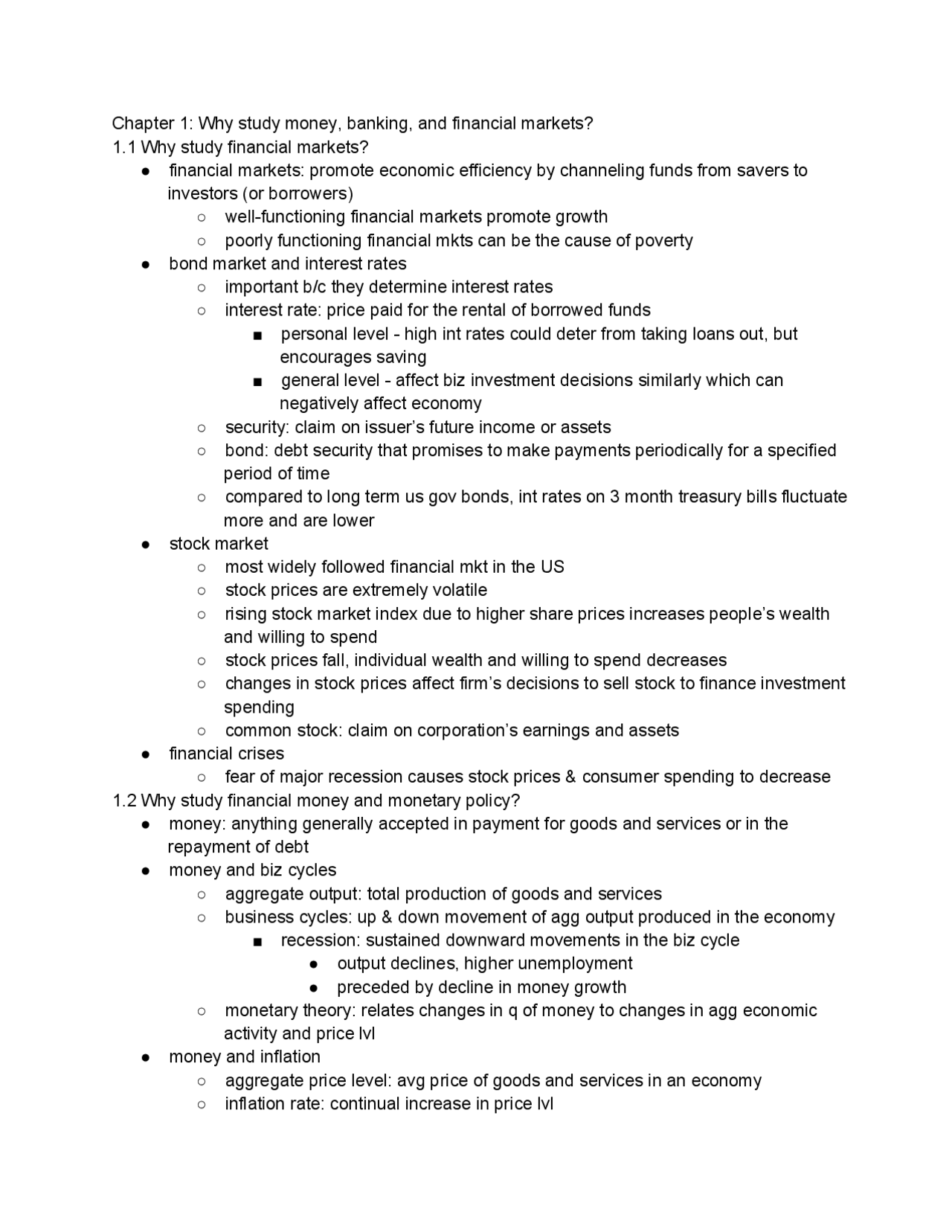 Economics of Money, Banking and Financial Markets Final Exam Study