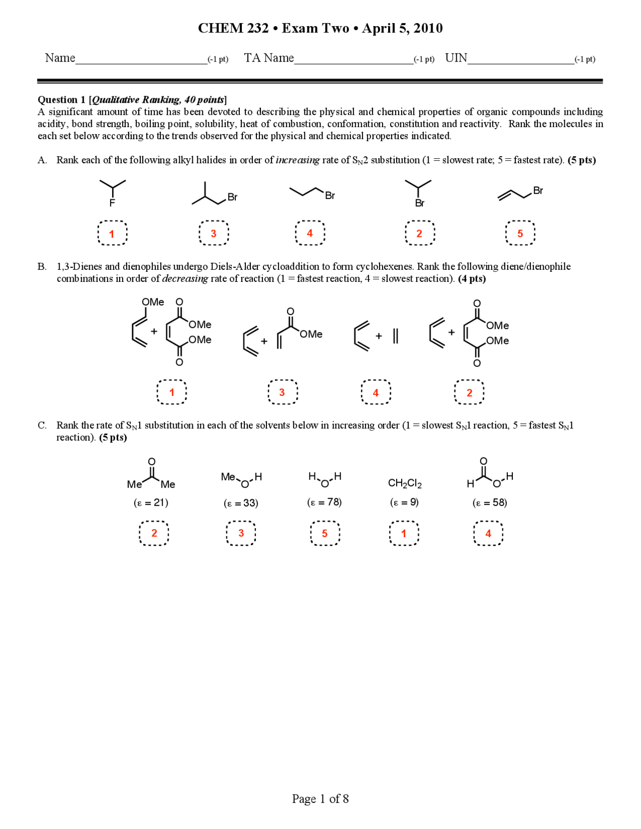 Organic Chemistry I Exam Solved | CHEM 232 - Docsity