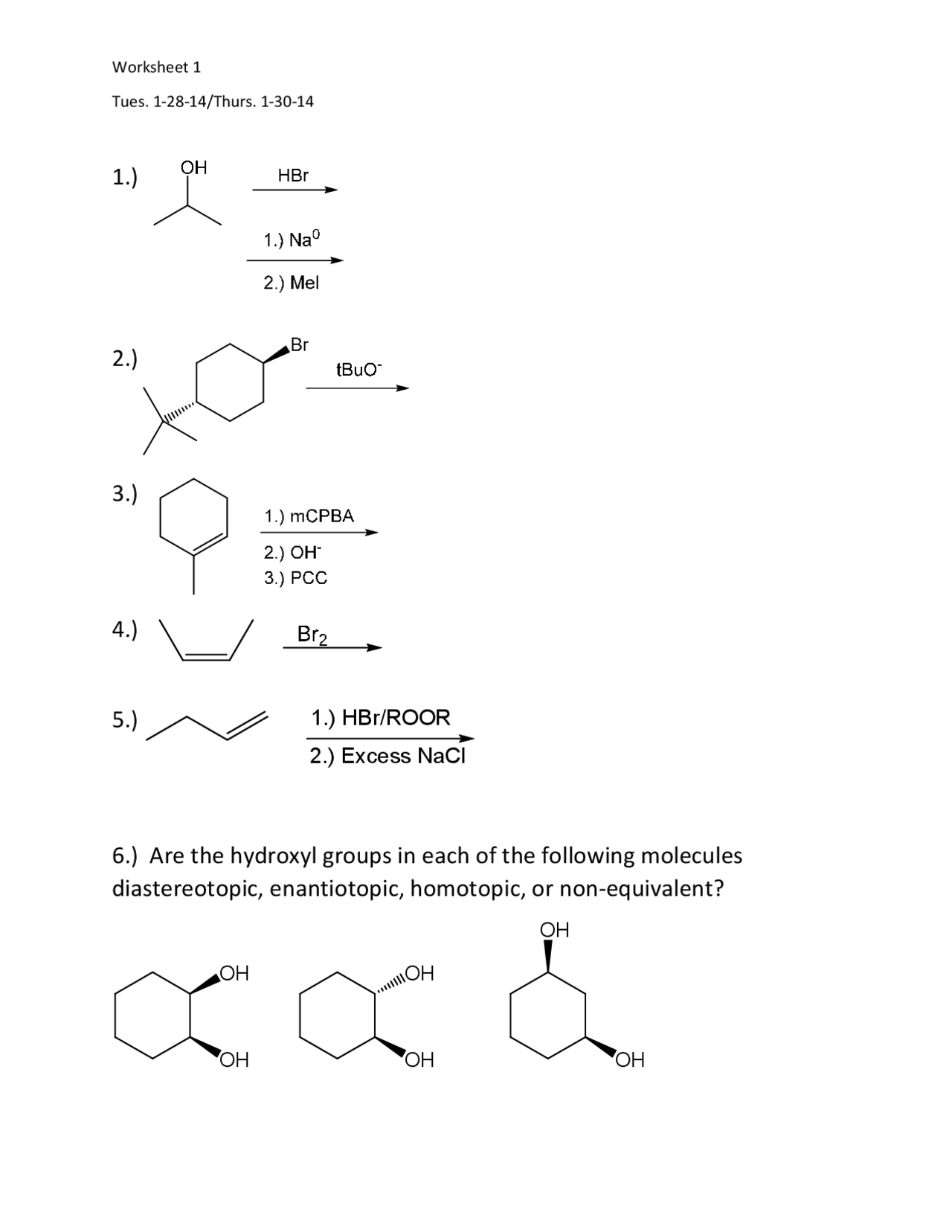 Worksheet 1 for Exam - Organic Chemistry II | CHEM 241 - Docsity