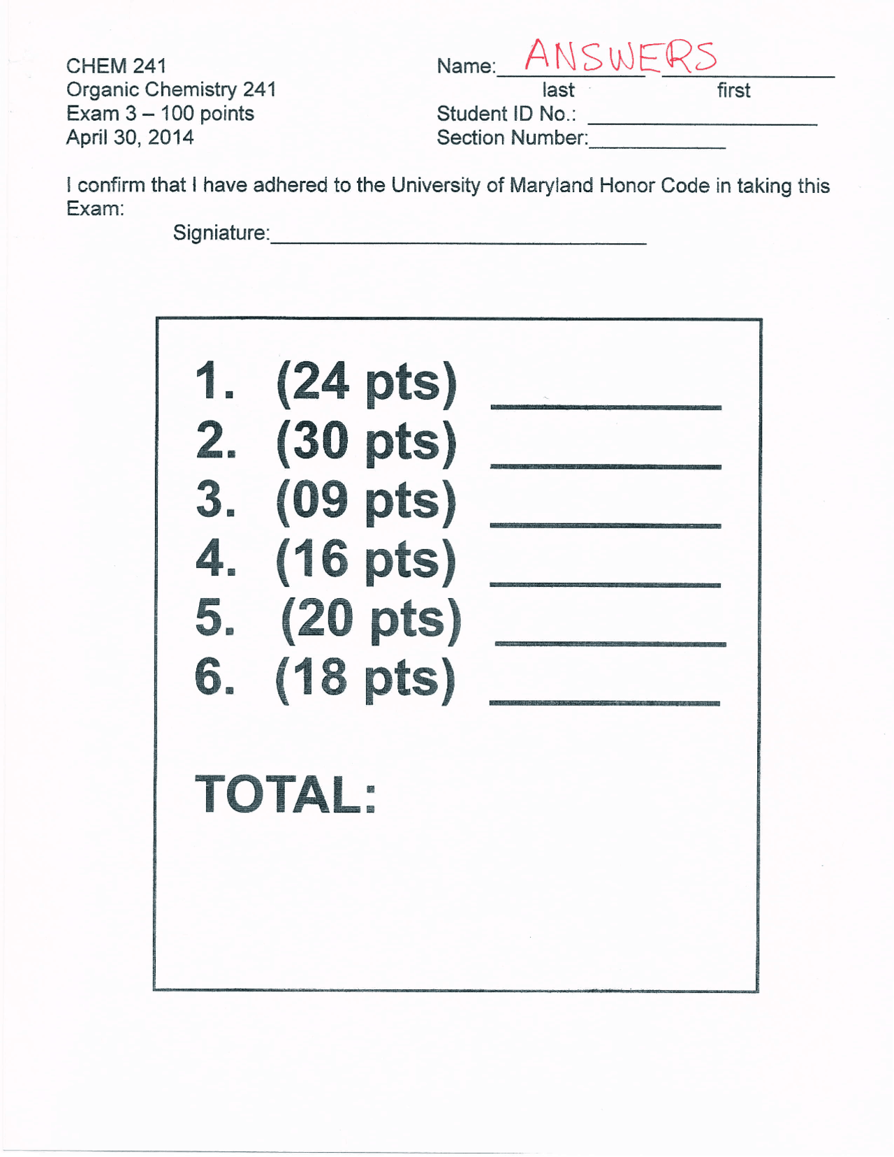 Answers for Exam 3 - Organic Chemistry II | CHEM 241 - Docsity