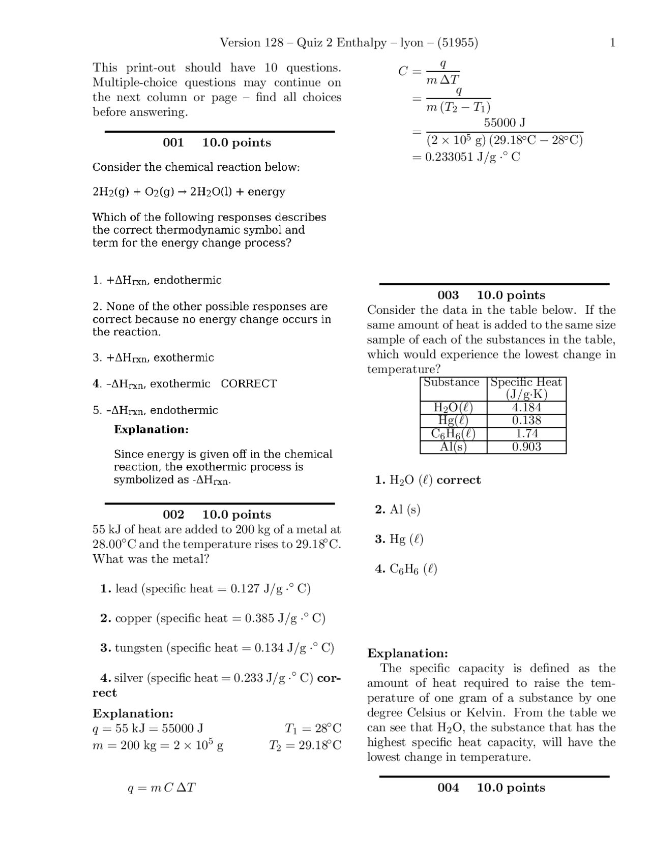 Chemical reactions exercises with solutions CH 204 Docsity