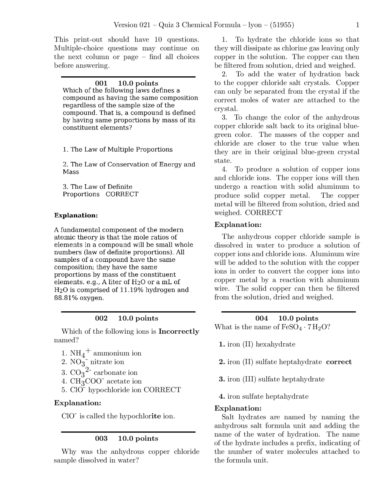 Chemical Formula Quiz 3 Solution Introduction to Chemical Practice
