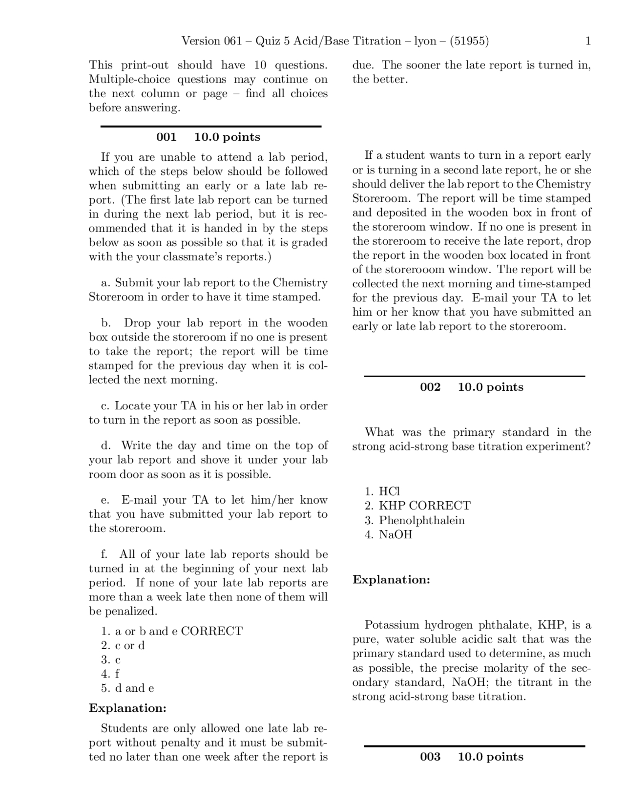 Acid Base Titration Quiz 5 Explanation CH 204 Docsity