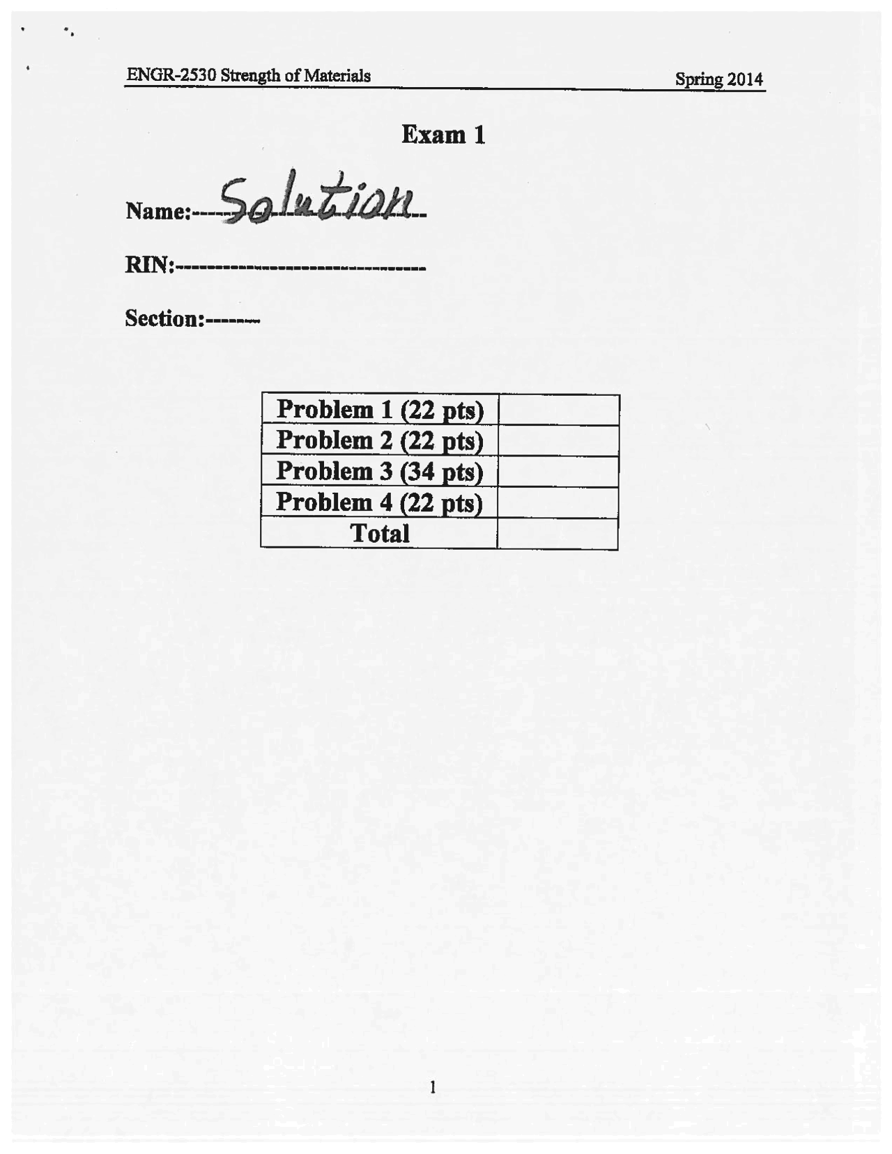 Exam 1 Solution Key - Strength of Materials | ENGR 2530 - Docsity