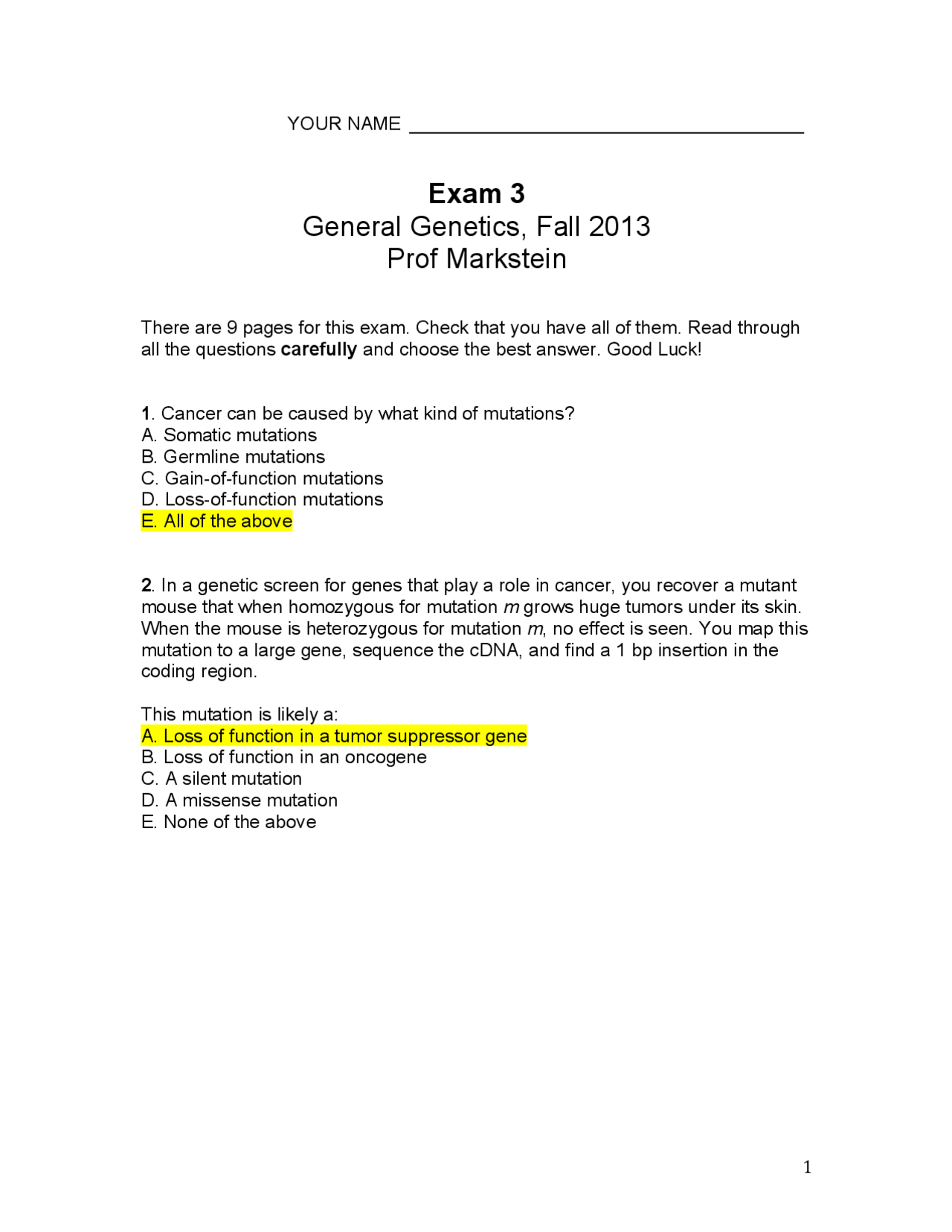Exam III MCQs with Answers - General Genetics | BIOLOGY 283 | Exams ...
