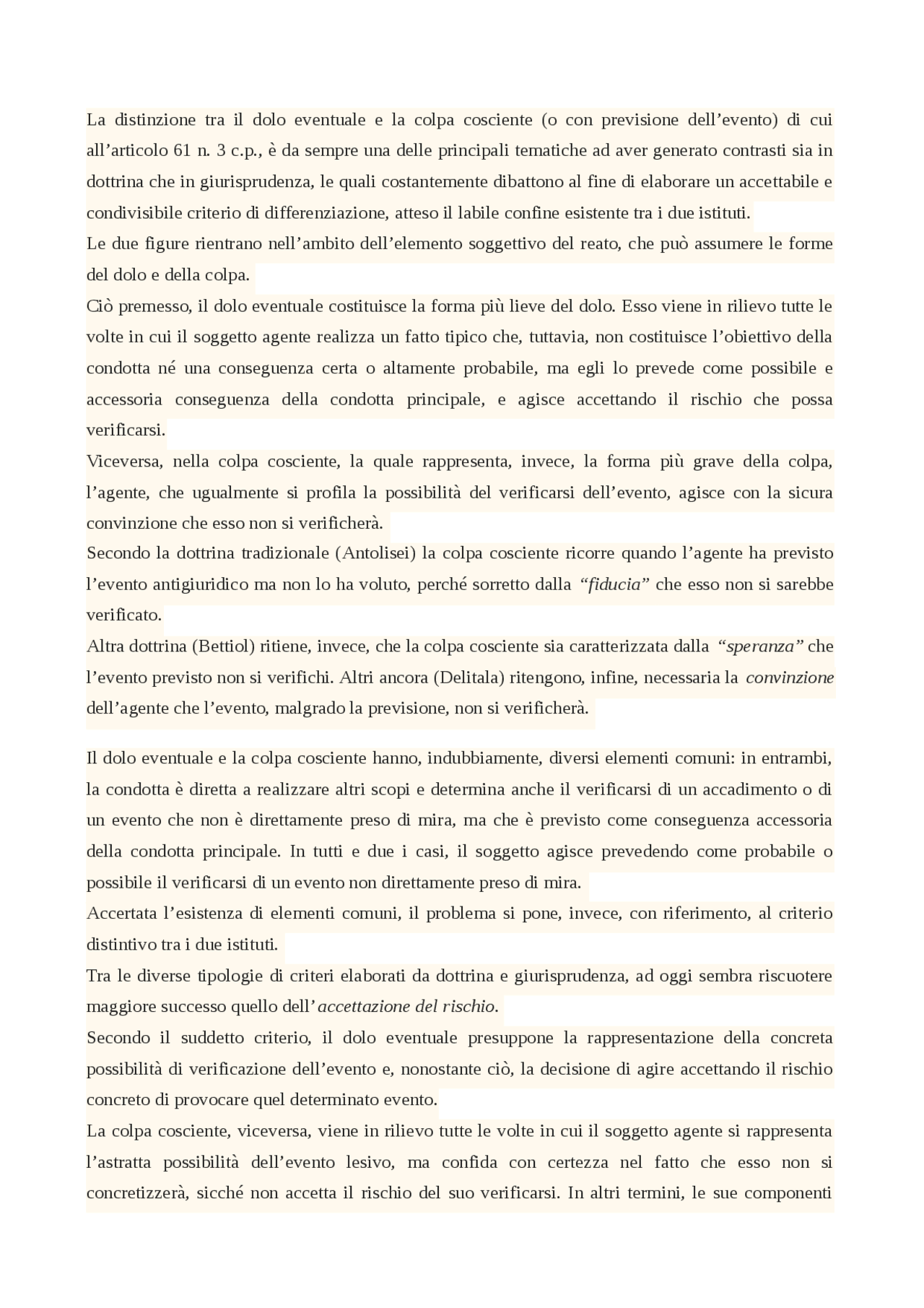 La distinzione tra il dolo eventuale e la colpa cosciente Docsity
