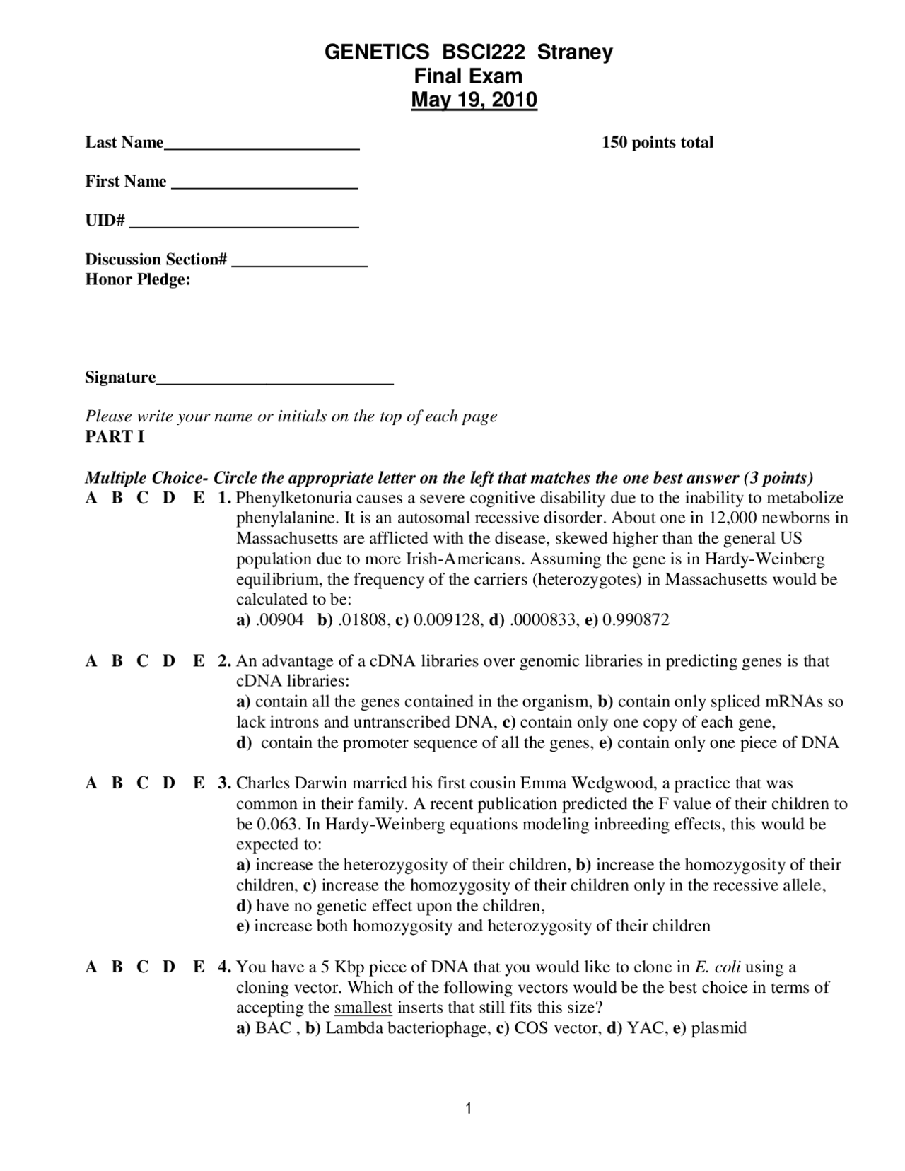 Final Exam with Answer Principles of BSCI 222 Exams
