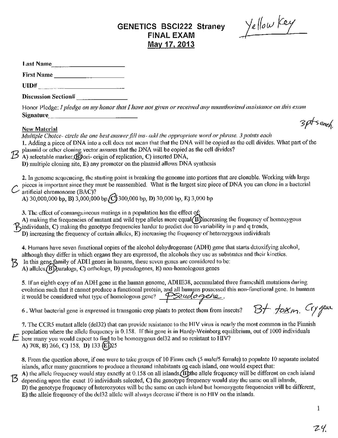 Final Exam Solutions Principles of BSCI 222 Docsity