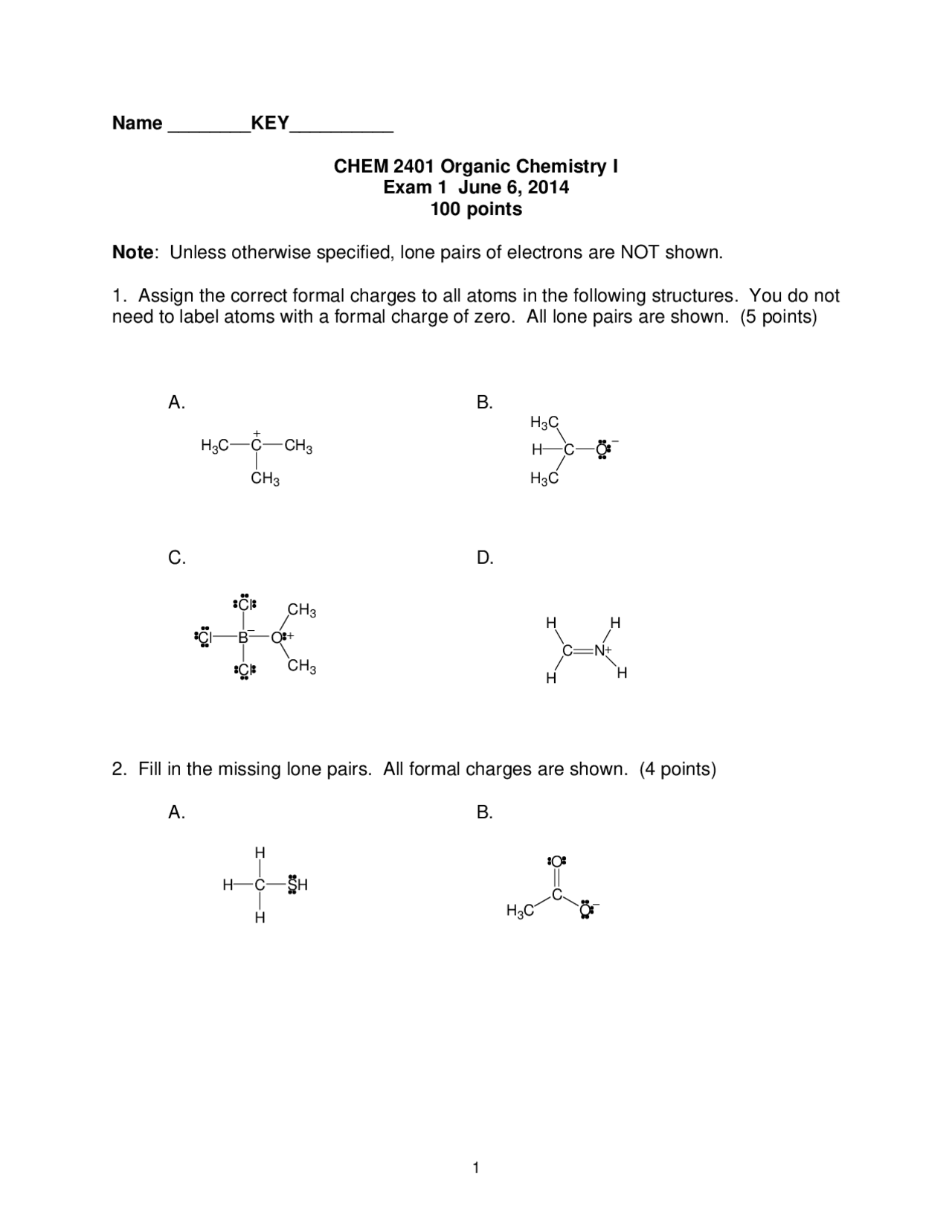 Answers Key Exam 1 - Organic Chemistry II | CHEM 2401 - Docsity