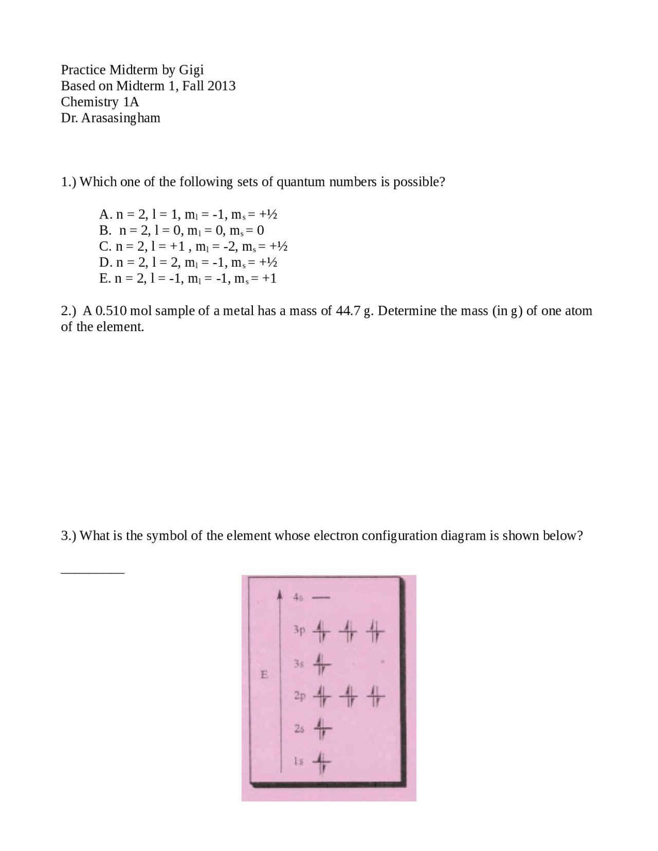 Practice Midterm 1 Questions - General Chemistry | Chem 1 - Docsity