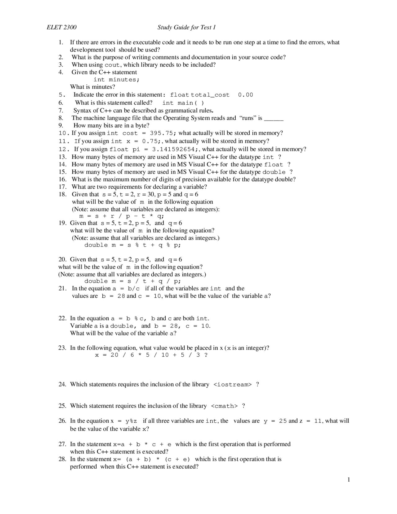 Exam 1 Review Practice Questions – Introduction to C++ Programming ...