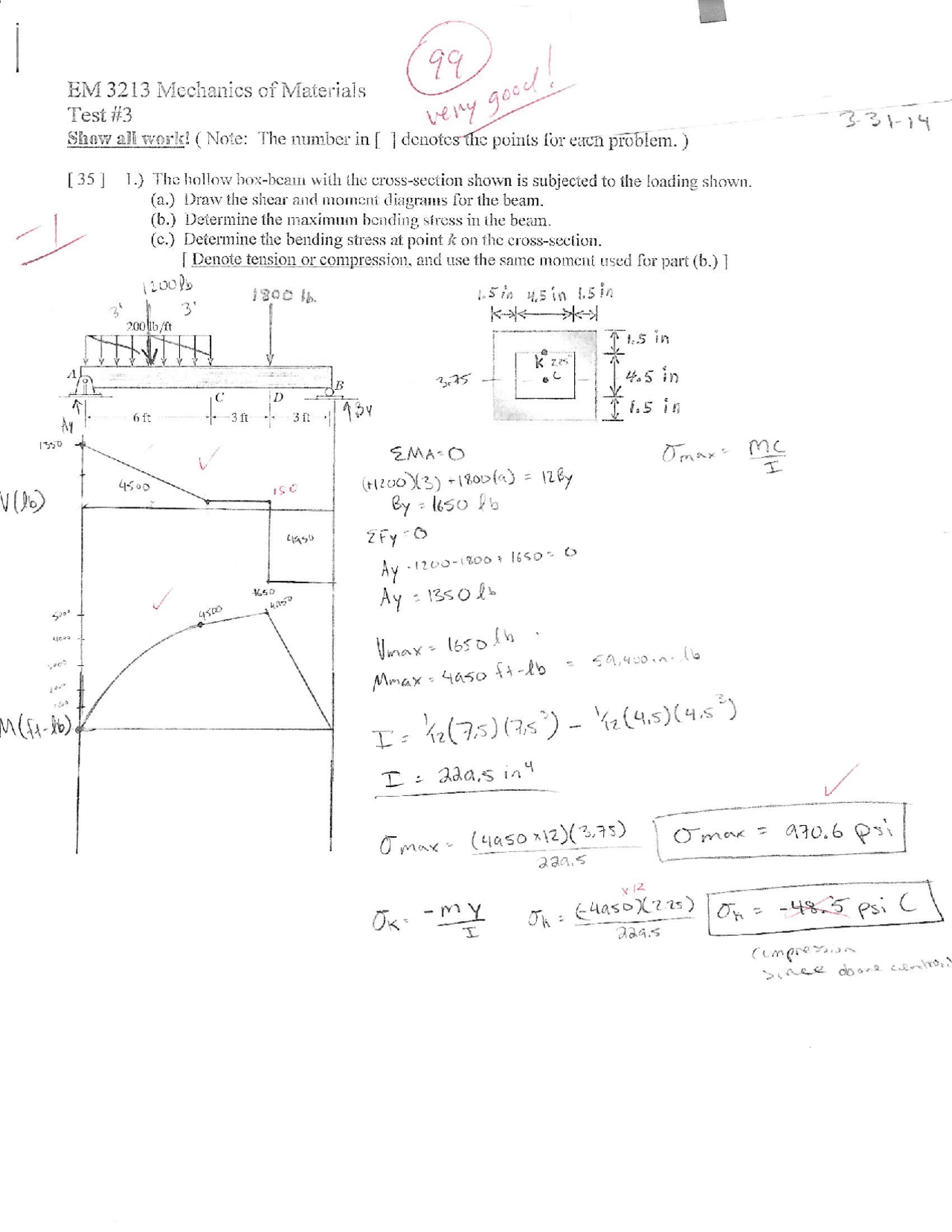 Solutions to Exam 3 - Mechanism Of Materials | EM 3213 - Docsity