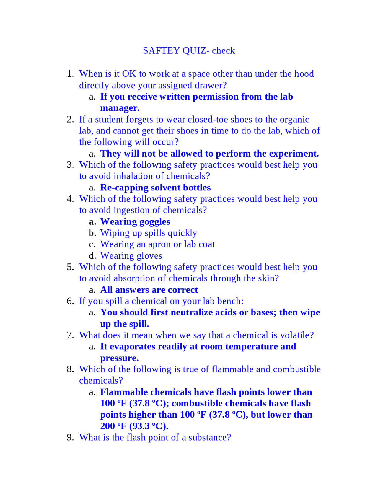 Safety Quiz - 60 Questions - Organic Chemistry Laboratory | CHEM 2071 ...