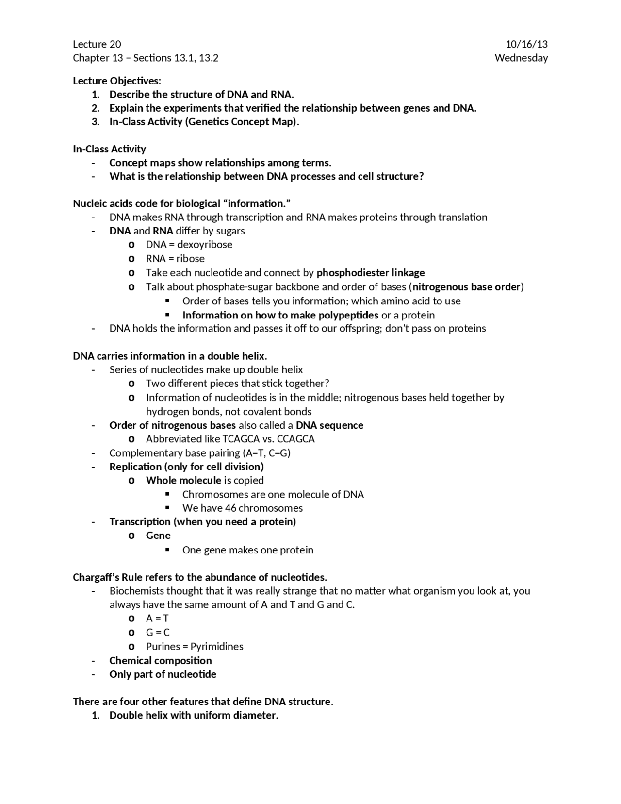 Structure of DNA and RNA - Lecture Notes | Bisc 160 - Docsity
