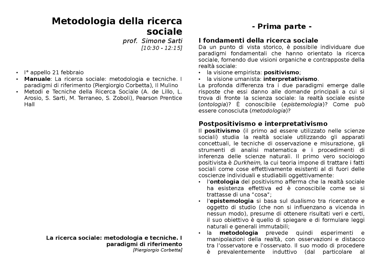 La ricerca sociale: metodologia e tecniche. I paradigmi di riferimento