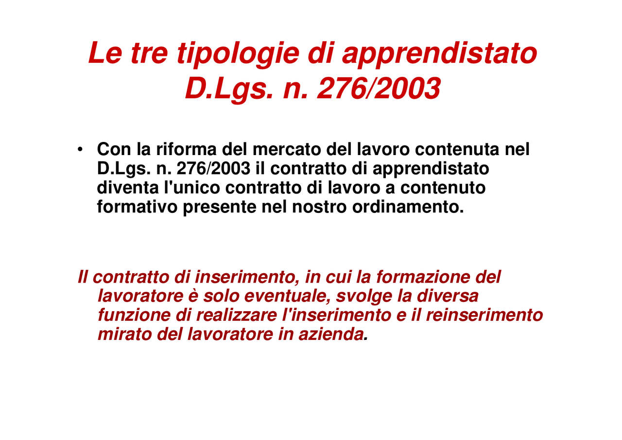 Le tre tipologie di apprendistato D.Lgs. n. 276/2003 - Docsity