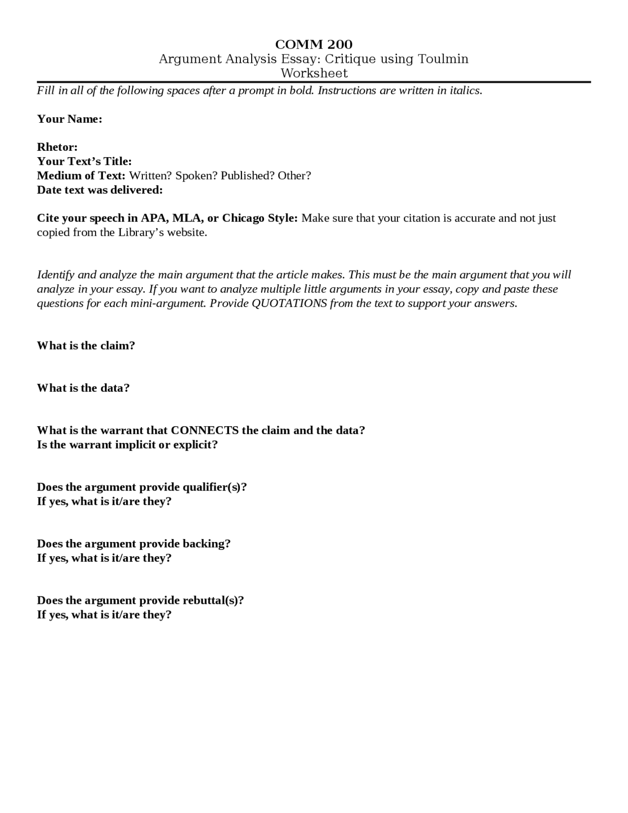 Critical Thinking and Speaking Argument Analysis Worksheet COMM 200