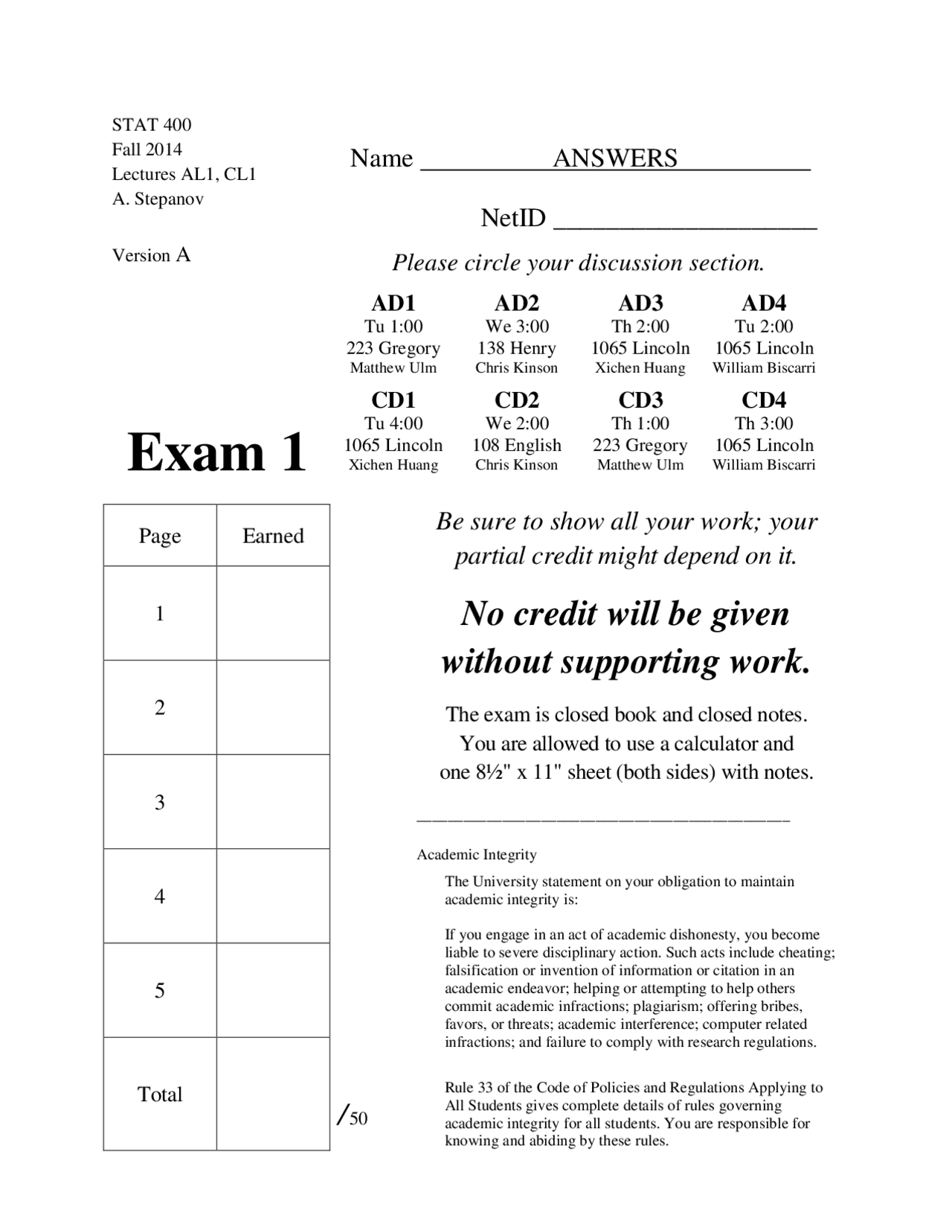 Exam 1 Version A with Answers - Statistics and Probability I | STAT 400 ...
