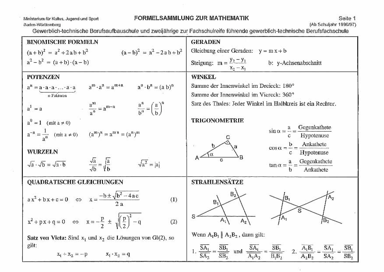 Formelsammlung Mathe - Berufaufbau- und Berufsfachschule - Docsity