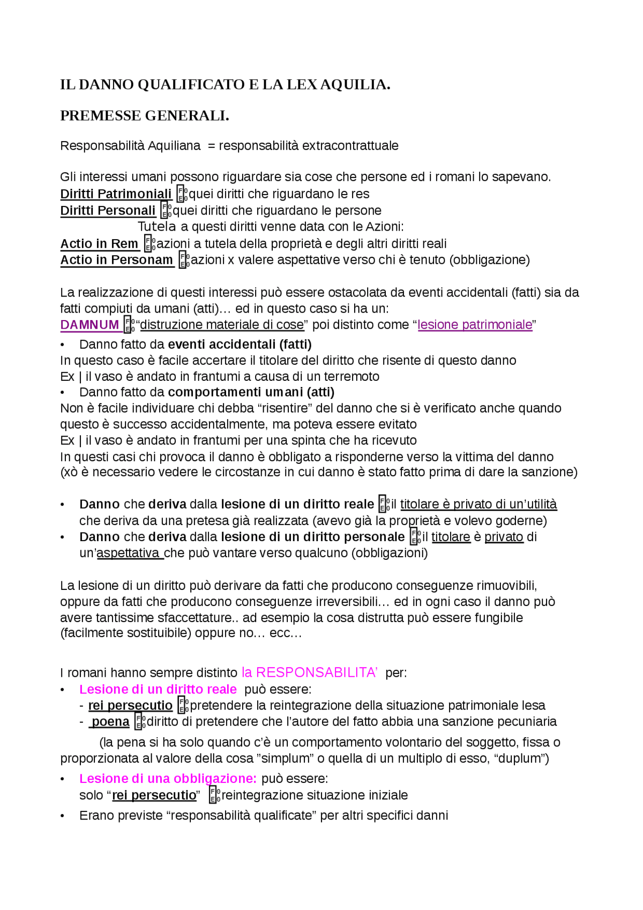 Il danno qualificato e la Lex aquilia Sintesi del corso di Diritto