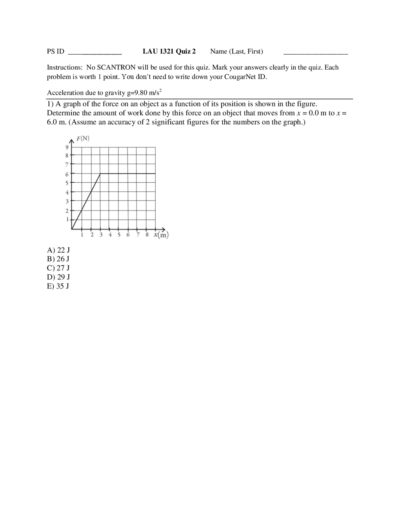 Quiz 2 with Solution on University Physics 1 | PHYS 1321 - Docsity