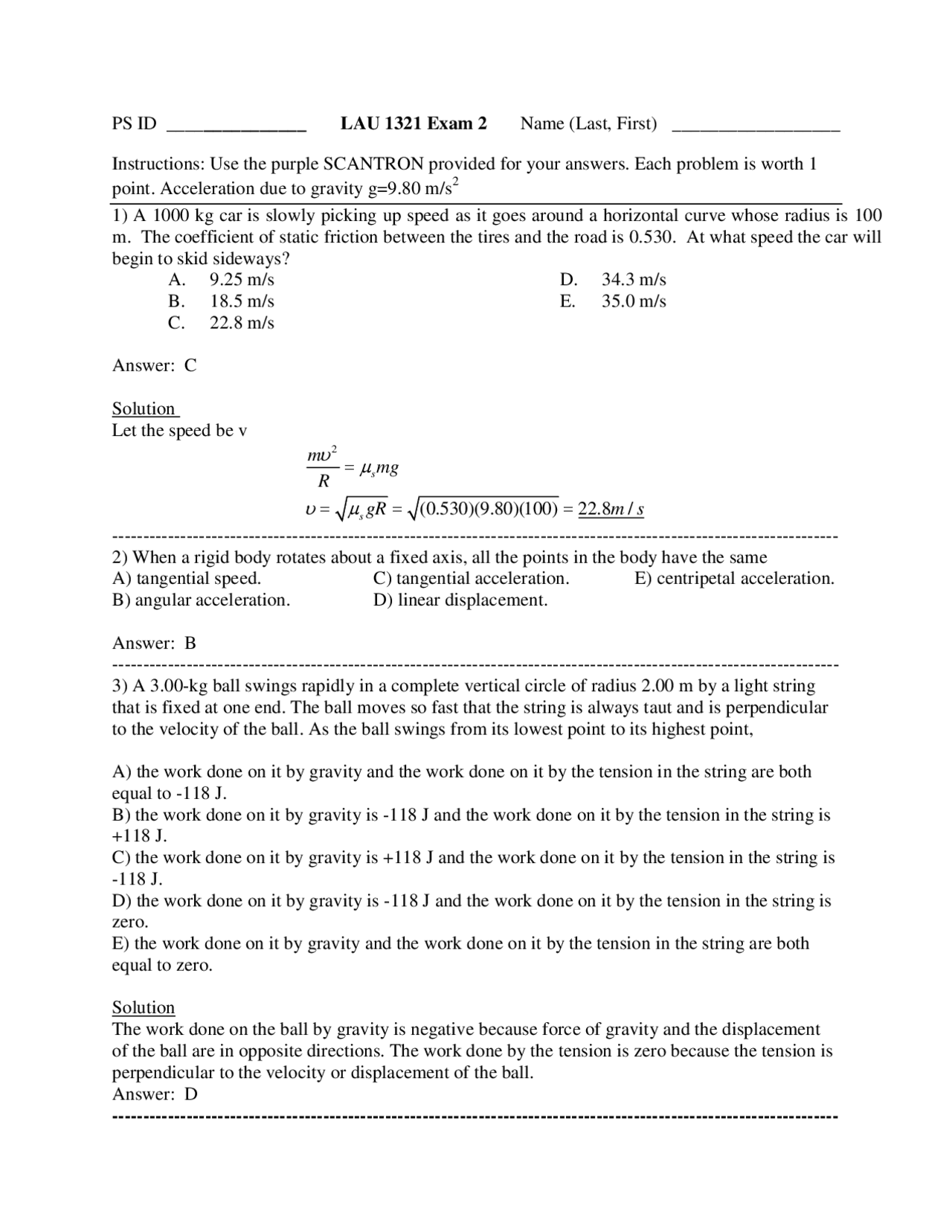 Solution of Exam 2 - University Physics I | PHYS 1321 - Docsity