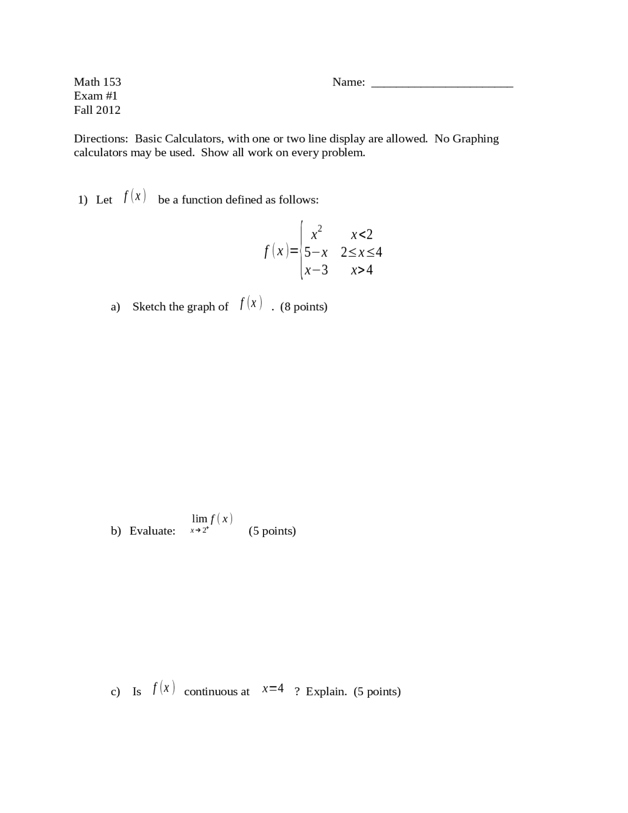Practice Exam 1 on Calculus 1A with Precalculus | MATH 153 | Exams ...