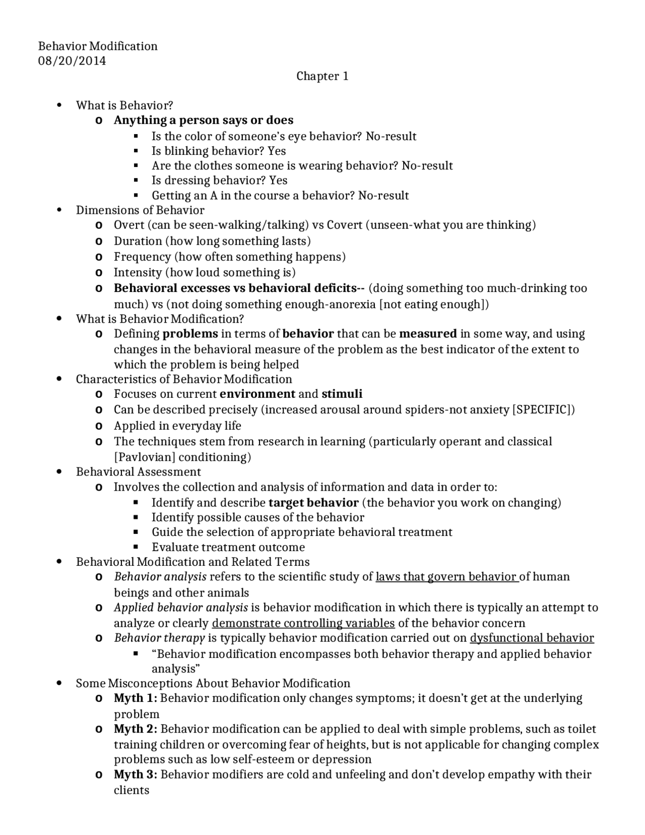 Introduction to Behavior Modifications - Exam 1 | PSY 3363 - Docsity