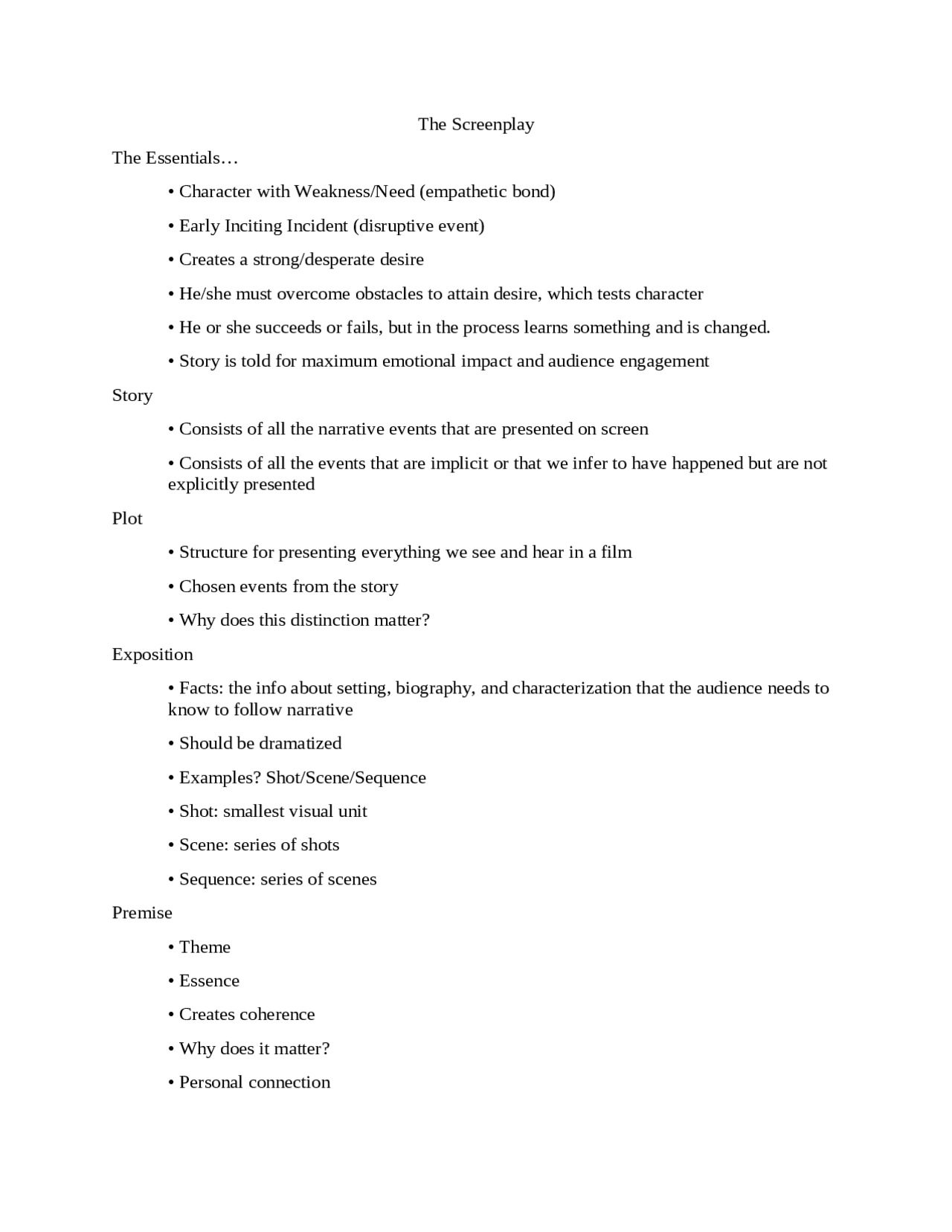 The Screenplay - Lecture Notes | THTR 2024 - Docsity
