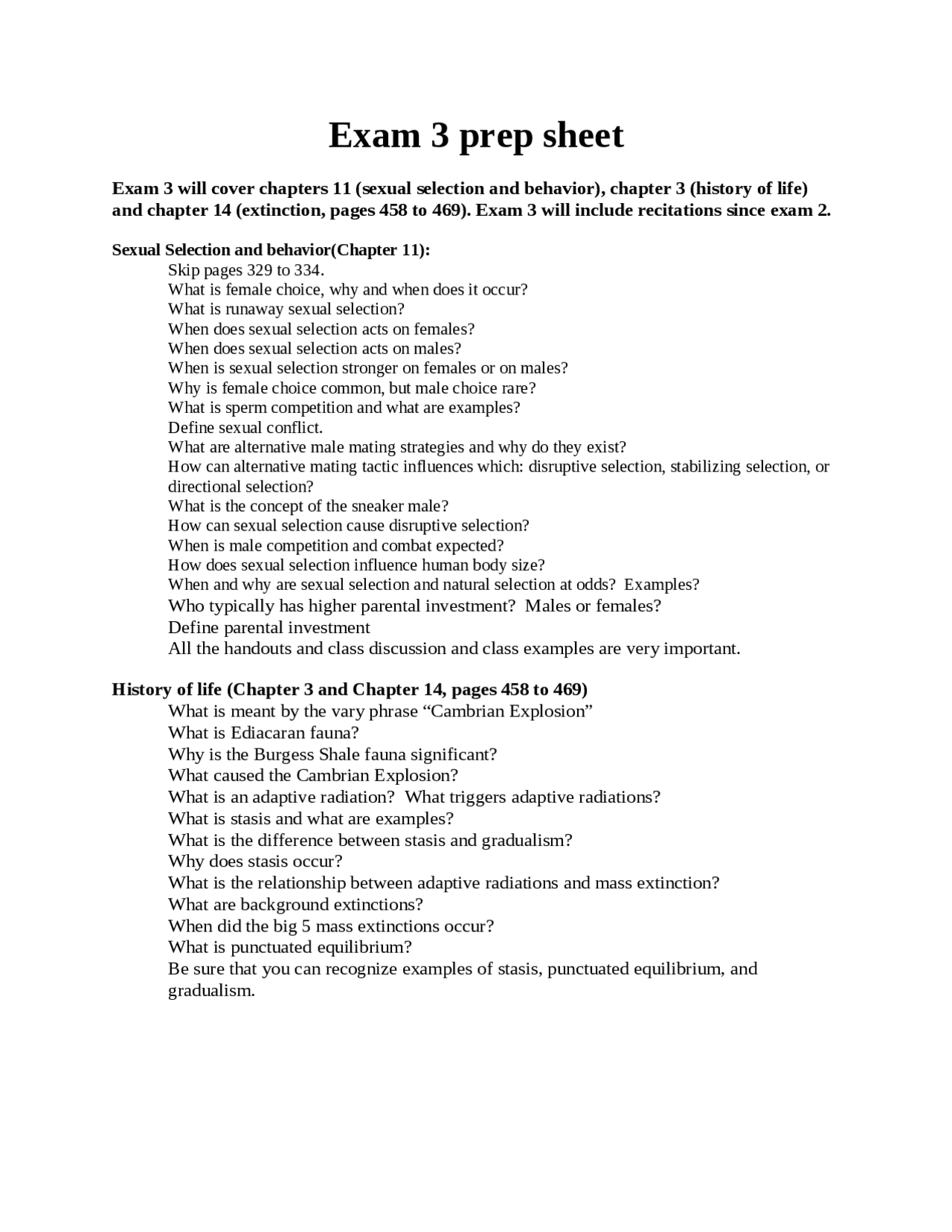 Study Questions for Exam 3 - Introduction to Evolution | BIO 303 - Docsity