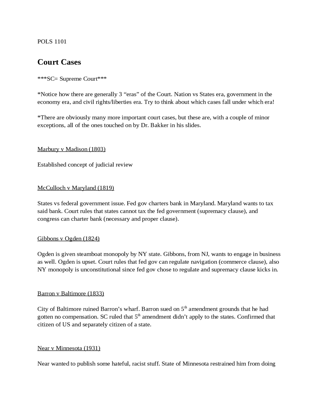State Court Cases Examples List of important Court Cases - American Government | POLS 1101 - Docsity