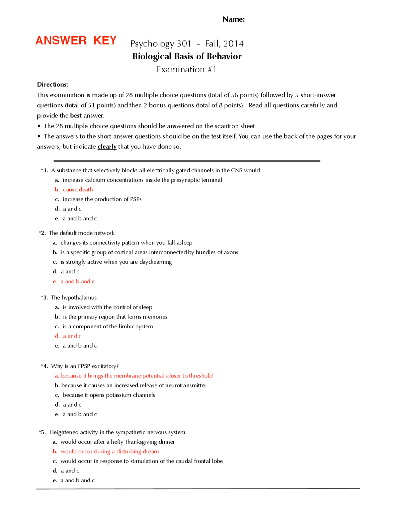 Examination 1 Questions with Answers - Biological Basis of Behavior ...