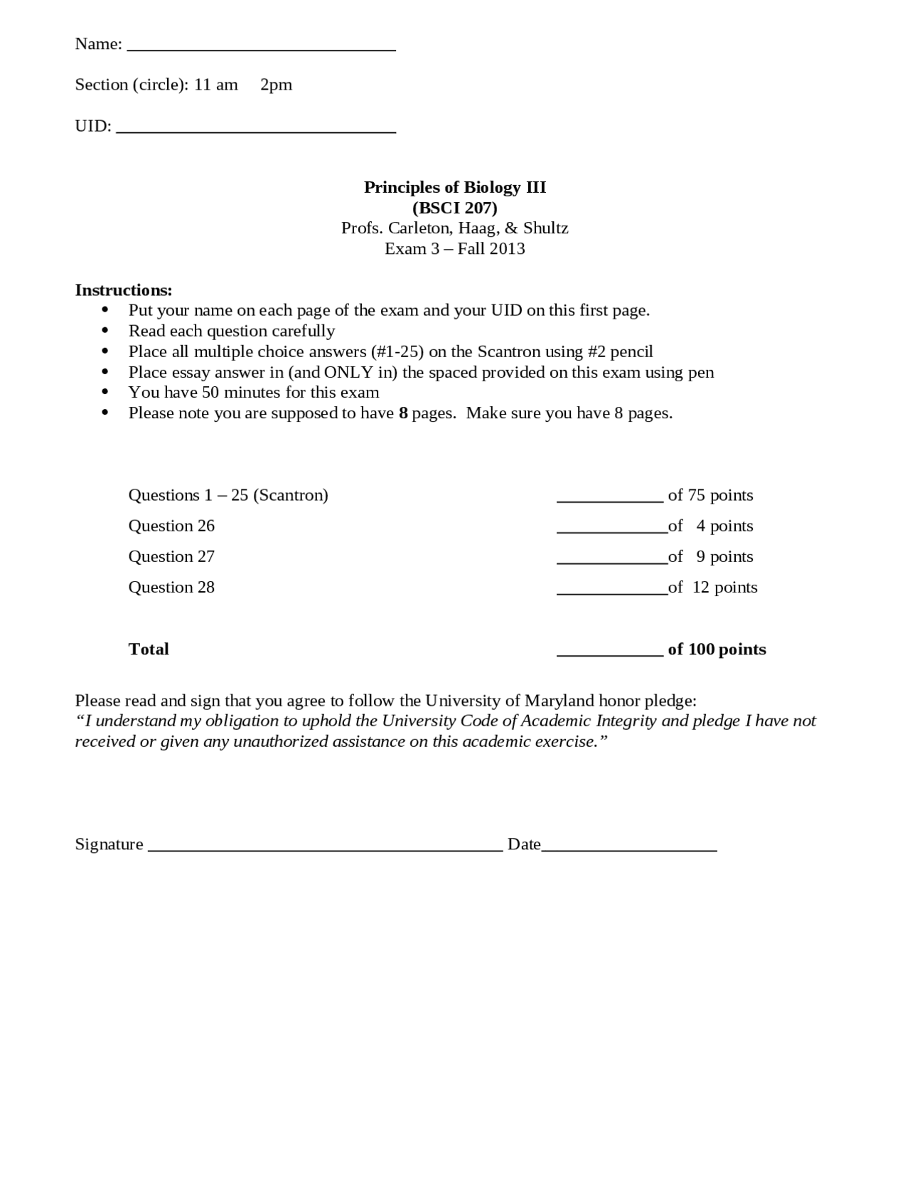 Old Exam 3 on Principles of Biology III with Answers | BSCI 207 - Docsity