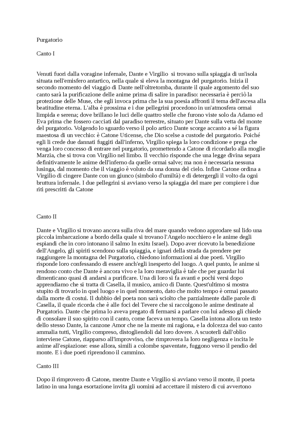 Riassunto dettagliato canti del purgatorio Sintesi