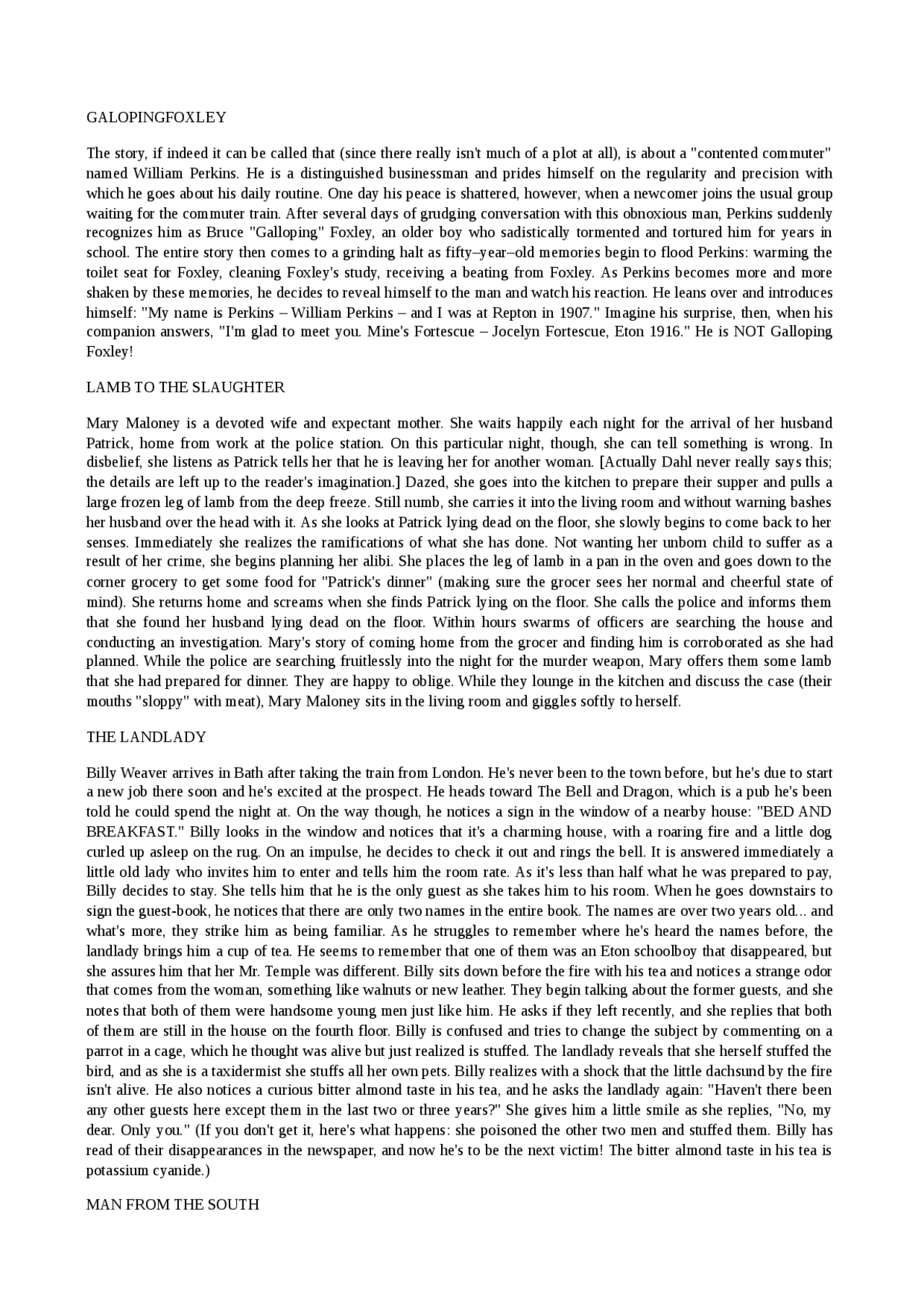 Short Stories Roald Dahl Docsity