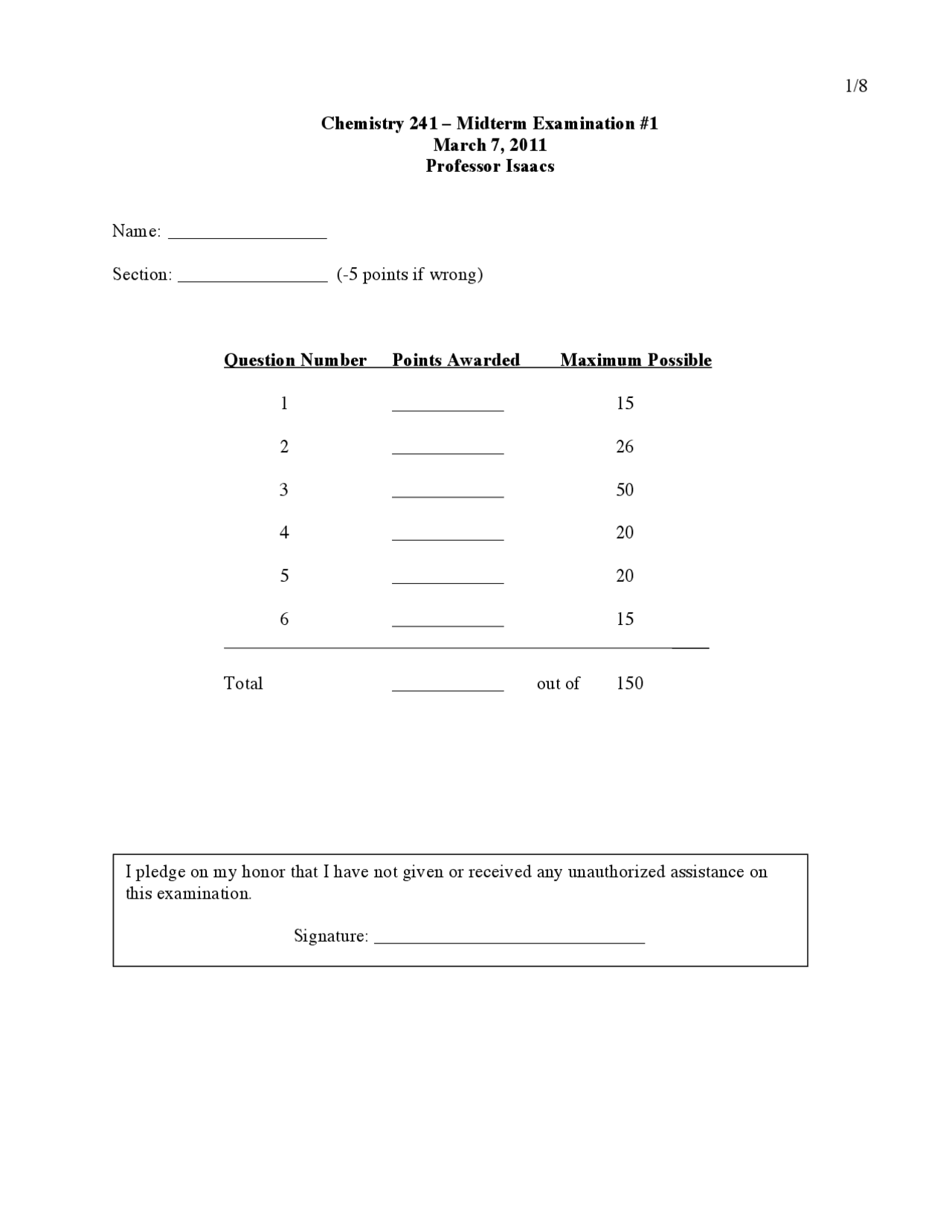 Midterm Examination 1 - Organic Chemistry II | CHEM 241 - Docsity
