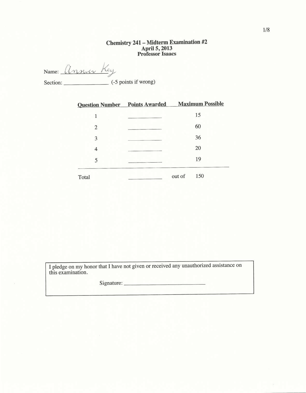 Organic Chemistry II - Midterm Examination 2 with Resolution | CHEM 241 ...