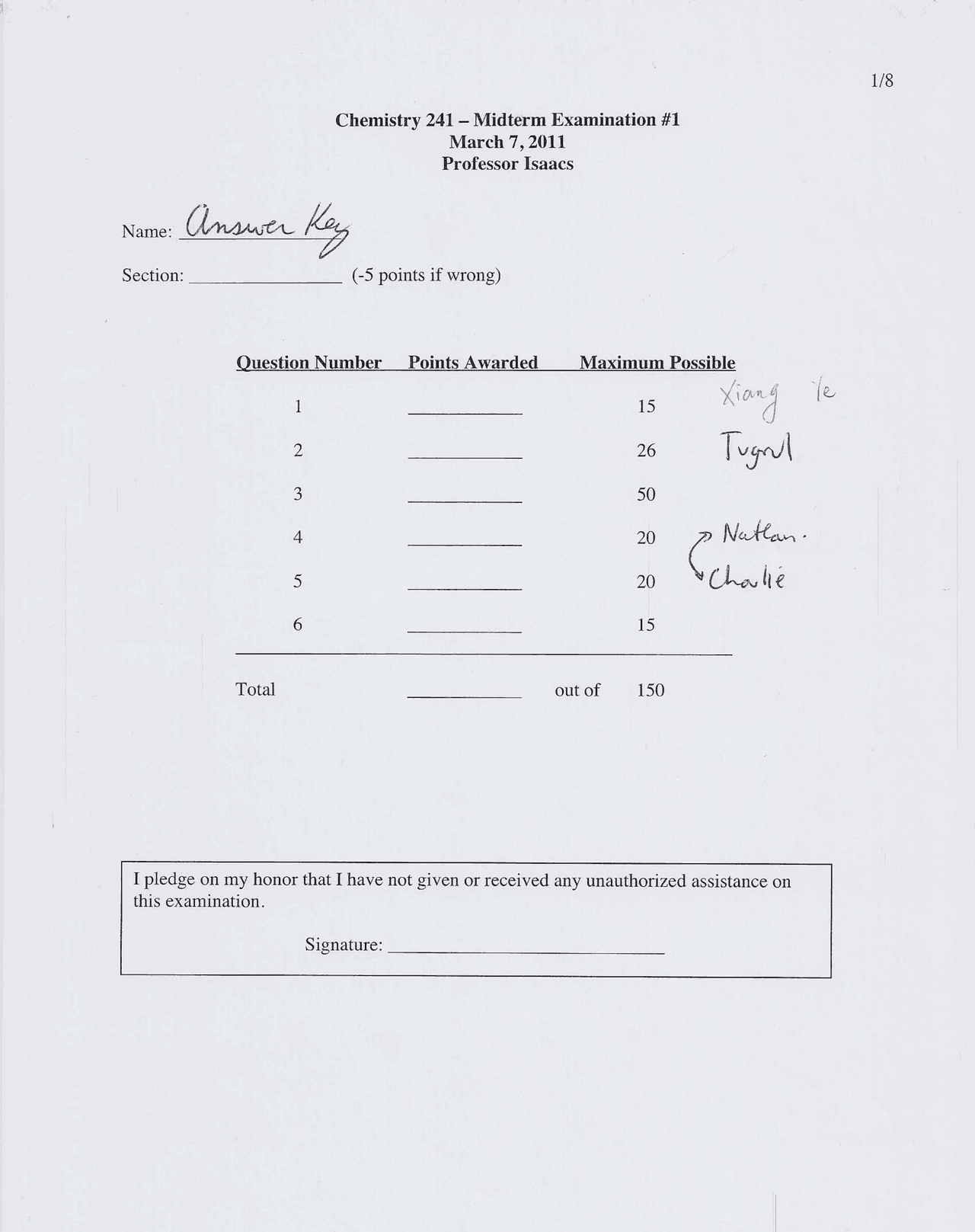 Midterm Exam 1 with Answer Key - Organic Chemistry II | CHEM 241 - Docsity