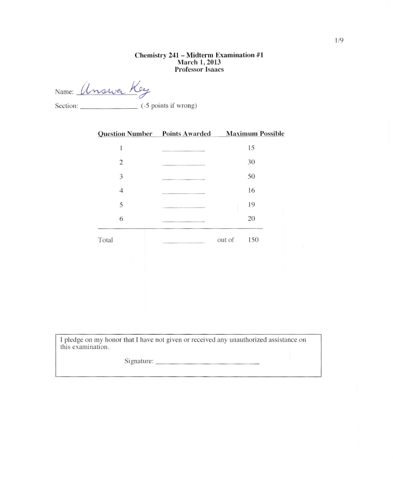 Organic Chemistry II - Midterm Examination 1 with Answer Key | CHEM 241 ...
