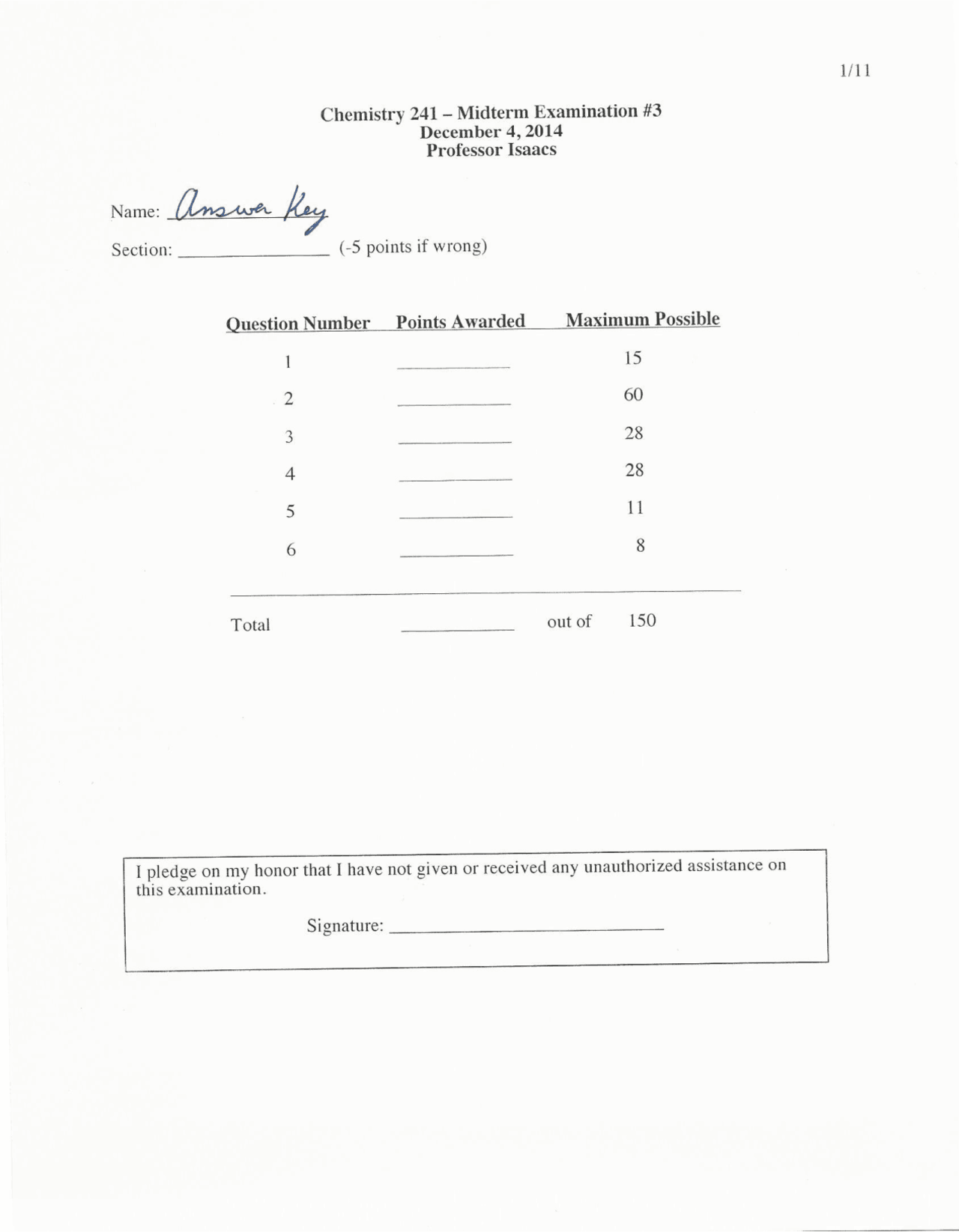 Organic Chemistry II - Midterm Exam 3 with Answer Key | CHEM 241 - Docsity