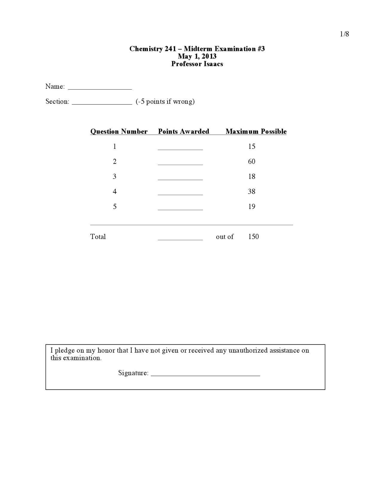 Organic Chemistry II - Midterm Examination 3 Questions | CHEM 241 - Docsity